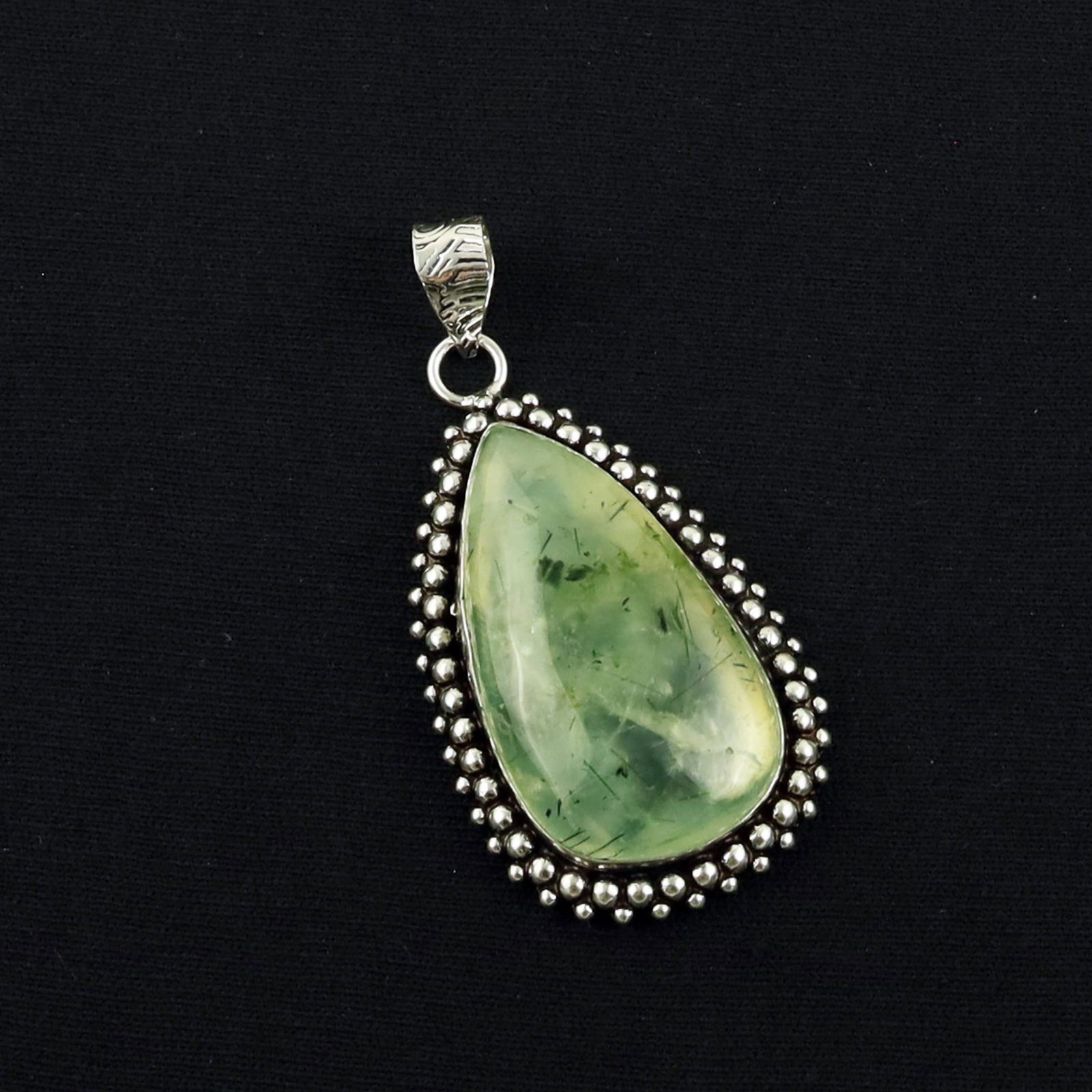 Natural Prehnite Sterling Silver Plated Handmade Pendant: Product ID: 260619172559 Product - Handmade Silver Plated Pendant Metal - 92.5 Sterling Silver Plated Pendant Size - 3.5X2 CM Gemstone - Prehnite Gemstone Origin - South Africa Gemstone Shape - Pear P
