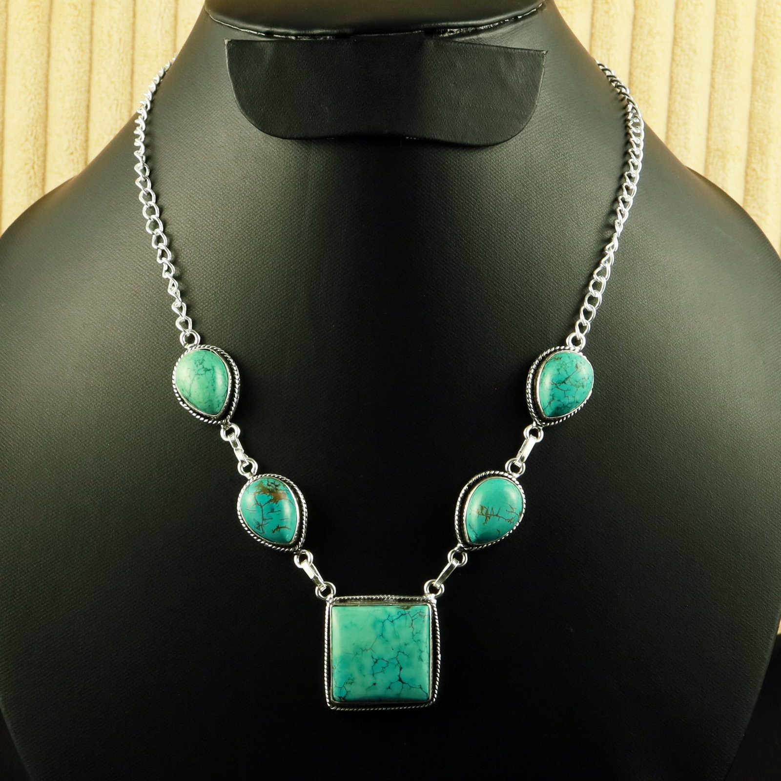 Natural Turquoise Silver Sterling Plated Handmade Necklace: Product ID: 260616121433 Product - Handmade Silver Plated Necklace Metal - 92.5 Sterling Silver Plated Necklace Length - 18 Inch Gemstone - Turquoise Gemstone Size - 12X16 MM (4 Stone), 2X2 CM (1 Ston