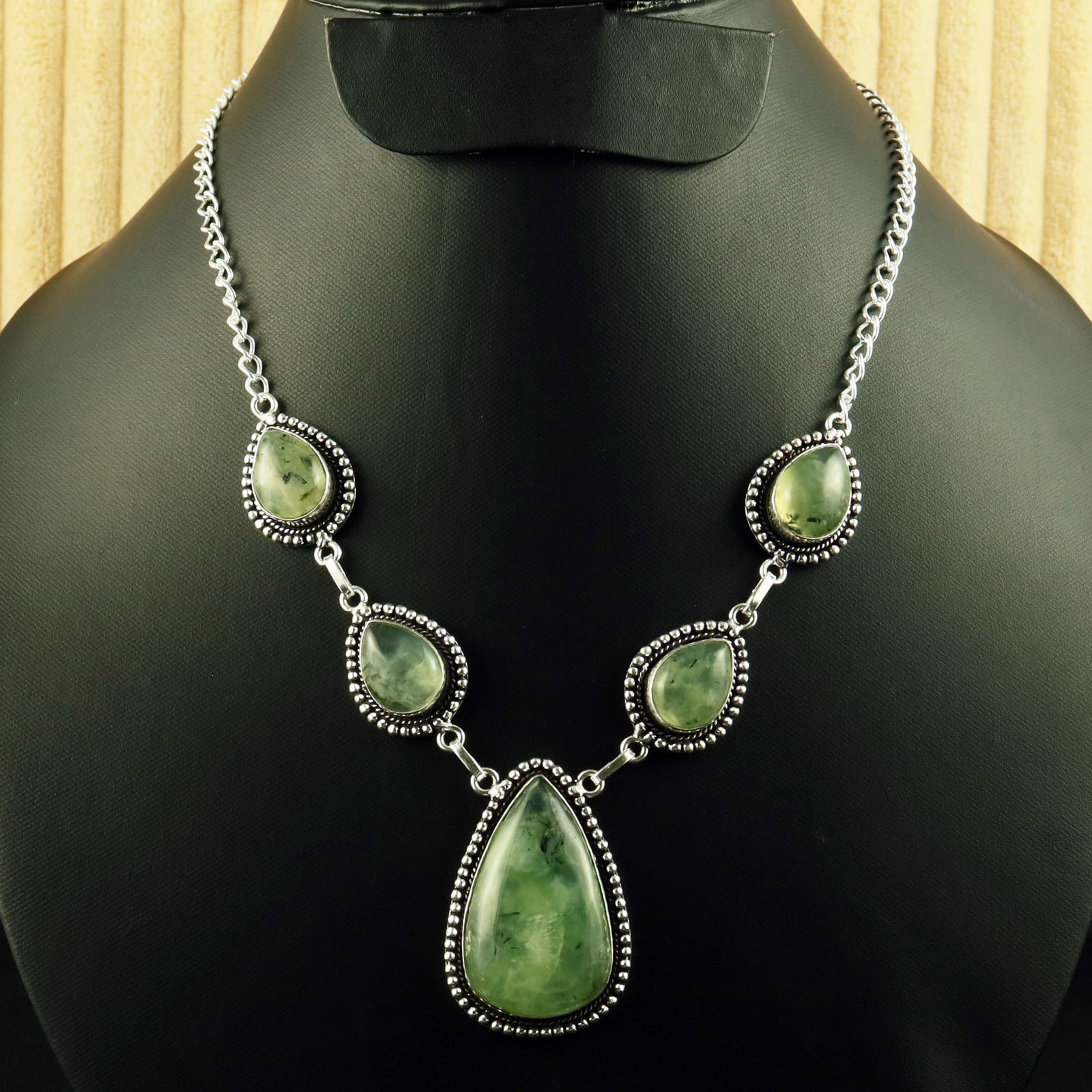 Natural Prehnite Sterling Silver Plated Handmade Necklace: Product ID: 260616120354 Product - Handmade Silver Plated Necklace Metal - 92.5 Sterling Silver Plated Necklace Length - 18 Inch Gemstone - Prehnite Gemstone Size - 12X16 MM (4 Stone), 4X2.5 CM (1 Sto