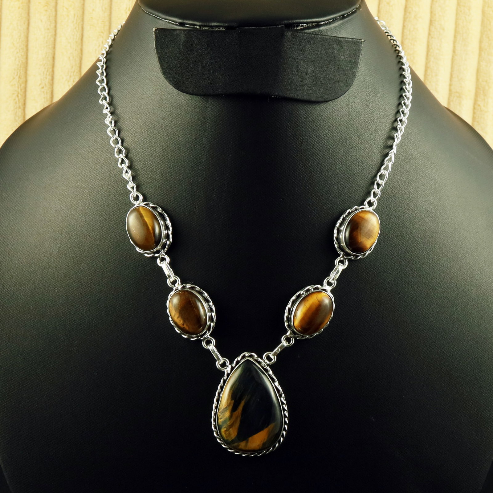 Natural Tiger Eye Sterling Silver Plated Handmade Necklace: Product ID: 260616115642 Product - Handmade Silver Plated Necklace Metal - 92.5 Sterling Silver Plated Necklace Length - 18 Inch Gemstone - Tiger Eye Gemstone Size - 12X16 MM (4 Stone), 3X2 CM (1 Ston