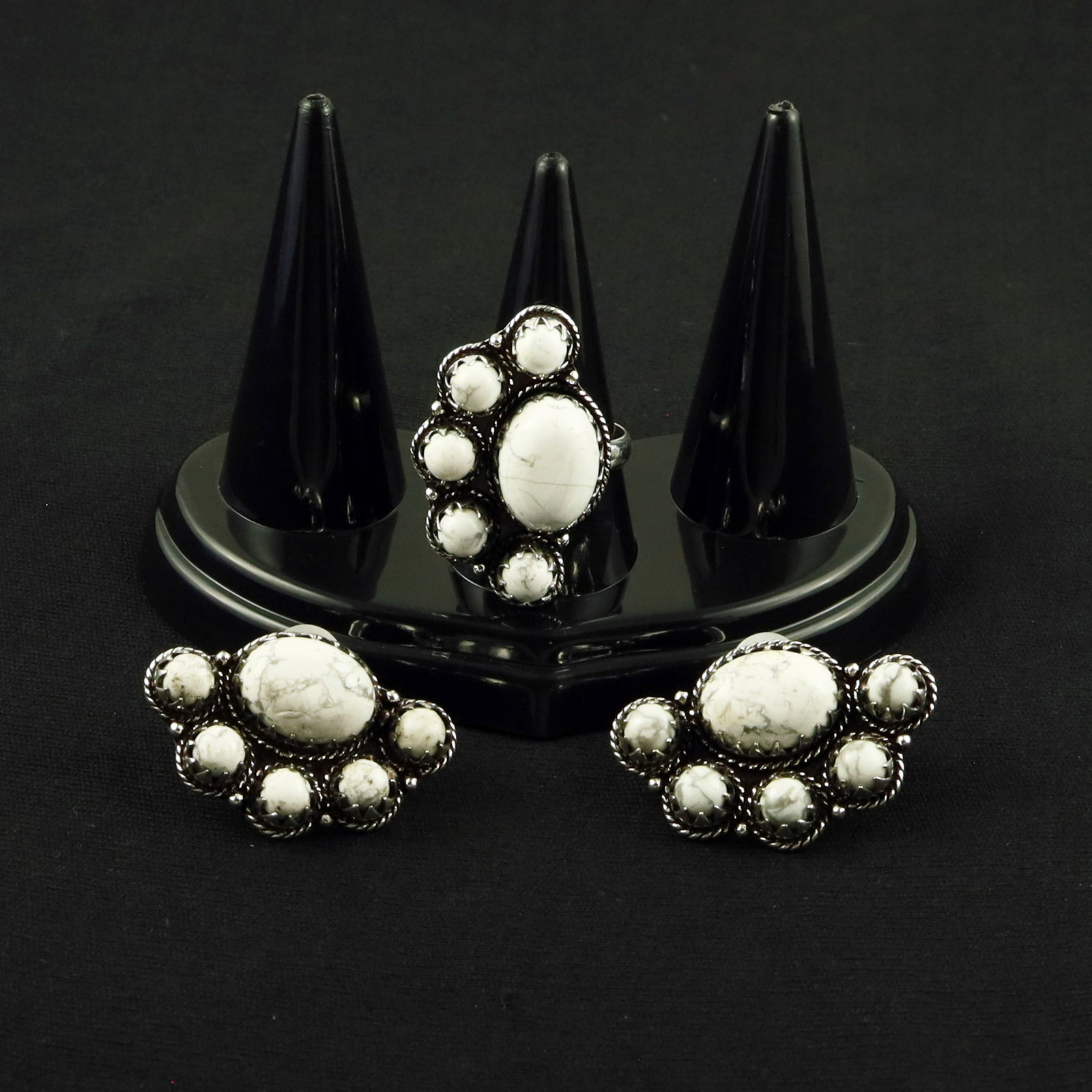 Natural Howlite Silver Plated Handmade Ring - 9MM With Stud Earring: Product ID: 260615125947 Product - Handmade Silver Plated Ring With Stud Earring Metal - 92.5 Sterling Silver Plated Earring Type - Stud Ring Size - 9MM Gemstone - Howlite Gemstone Origin - Canada Gem