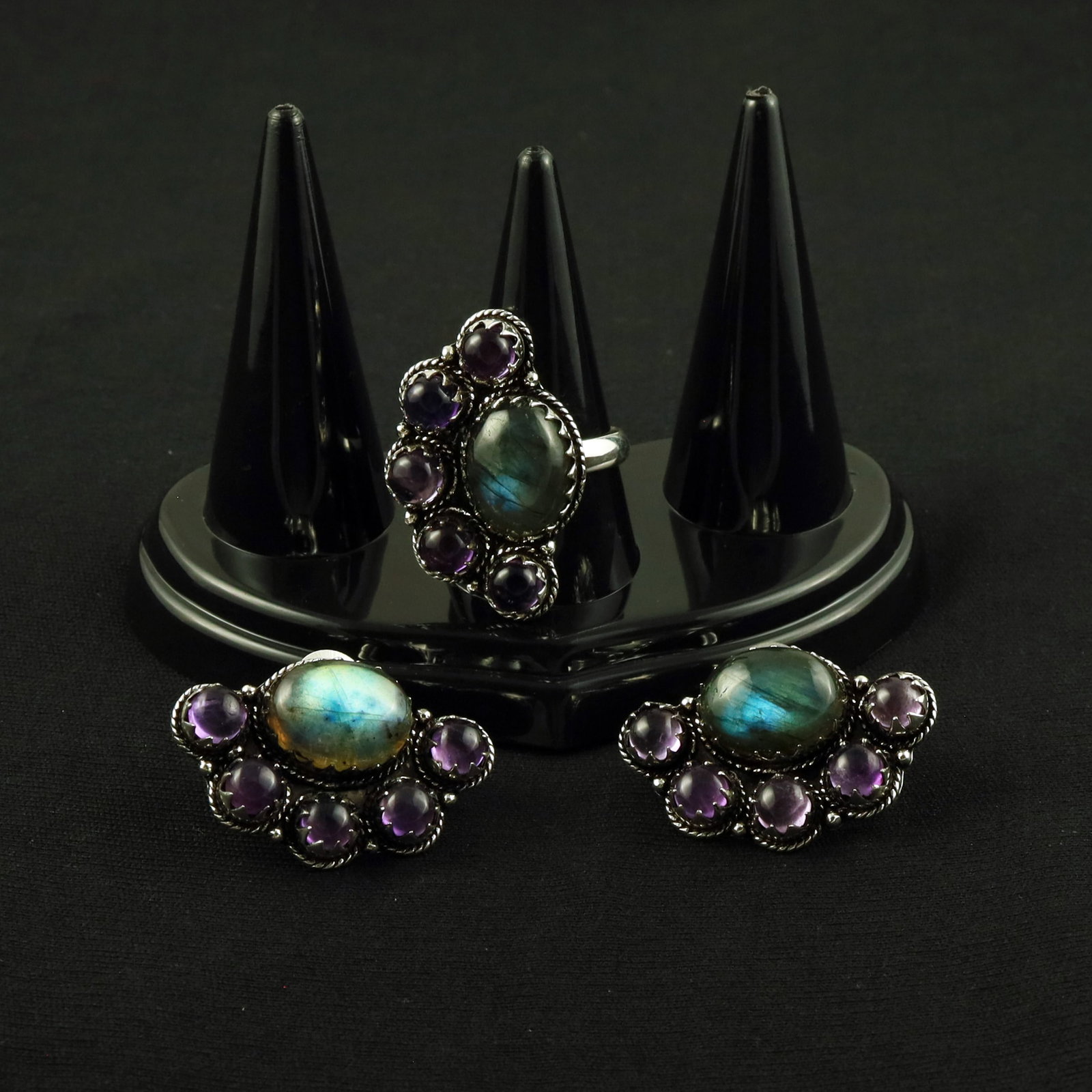 Natural Labradorite & Amethyst Silver Plated Handmade Ring- 7.5MM With Stud Earring: Product ID: 260615124657 Product - Handmade Silver Plated Ring With Stud Earring Metal - 92.5 Sterling Silver Plated Earring Type - Stud Ring Size - 7.5MM Gemstone - Labradorite & Amethyst Gemstone Or