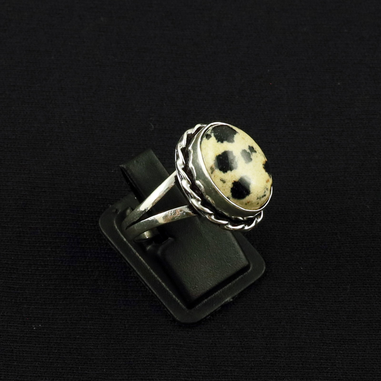 Natural Dalmatian Jasper Sterling Silver Plated Handmade Ring - 9MM: Product ID: 260613125701 Product - Handmade Silver Plated Ring Metal - 92.5 Sterling Silver Plated Ring Size - 9MM Gemstone - Dalmatian Jasper Gemstone Origin - Mexico Gemstone Size - 12X16 MM Gemston