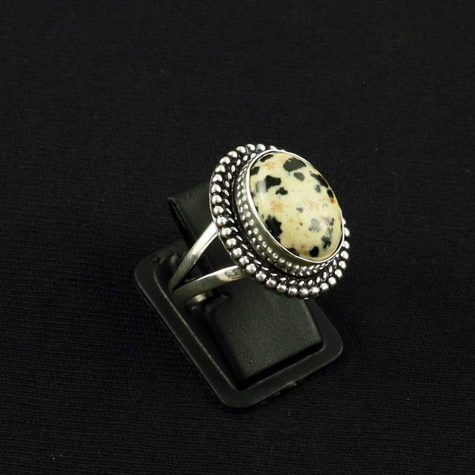 Natural Dalmatian Jasper Sterling Silver Plated Handmade Ring - 9.5MM: Product ID: 260613125419 Product - Handmade Silver Plated Ring Metal - 92.5 Sterling Silver Plated Ring Size - 9.5MM Gemstone - Dalmatian Jasper Gemstone Origin - Mexico Gemstone Size - 12X16 MM Gemst