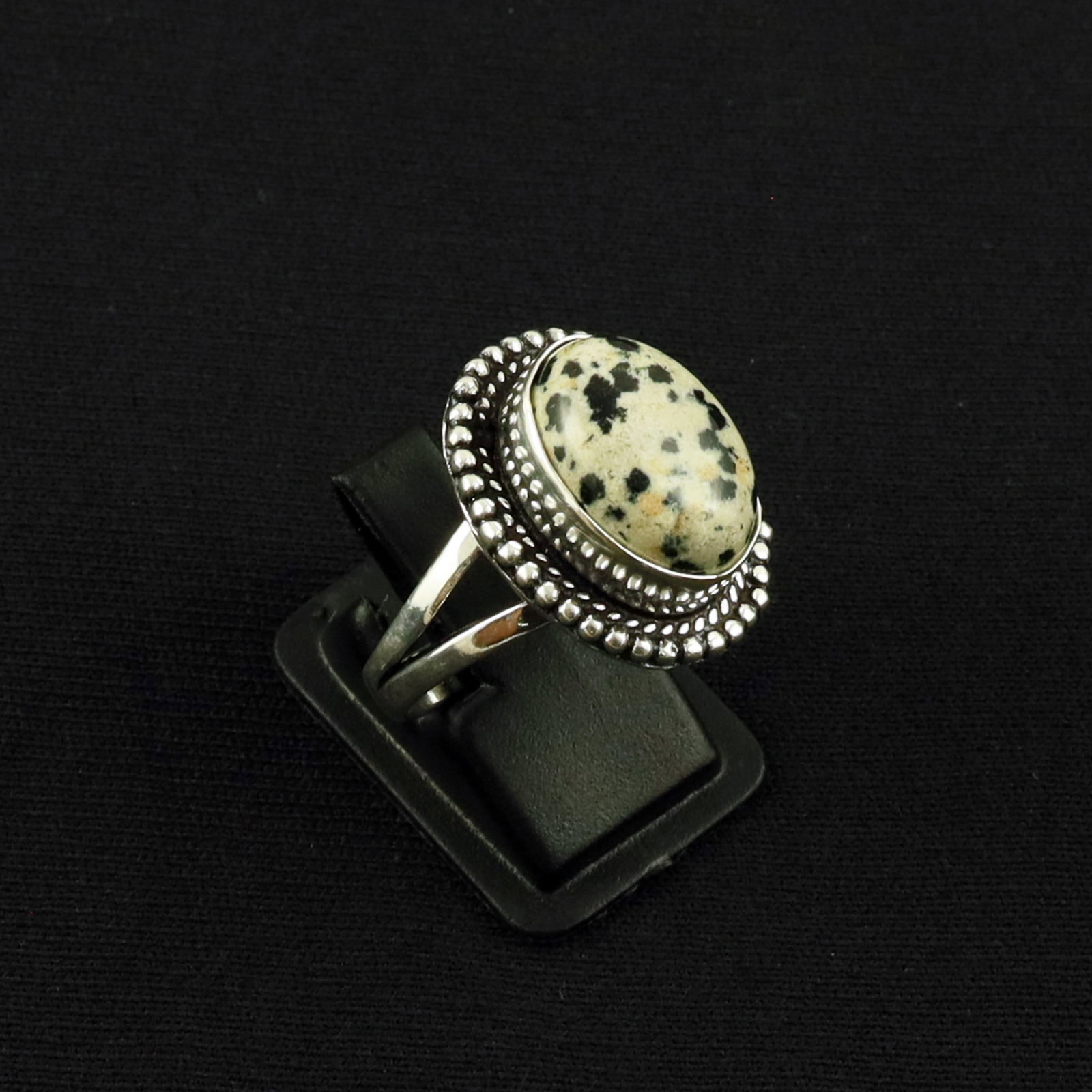 Natural Dalmatian Jasper Sterling Silver Plated Handmade Ring - 9MM: Product ID: 260613125328 Product - Handmade Silver Plated Ring Metal - 92.5 Sterling Silver Plated Ring Size - 9MM Gemstone - Dalmatian Jasper Gemstone Origin - Mexico Gemstone Size - 12X16 MM Gemston