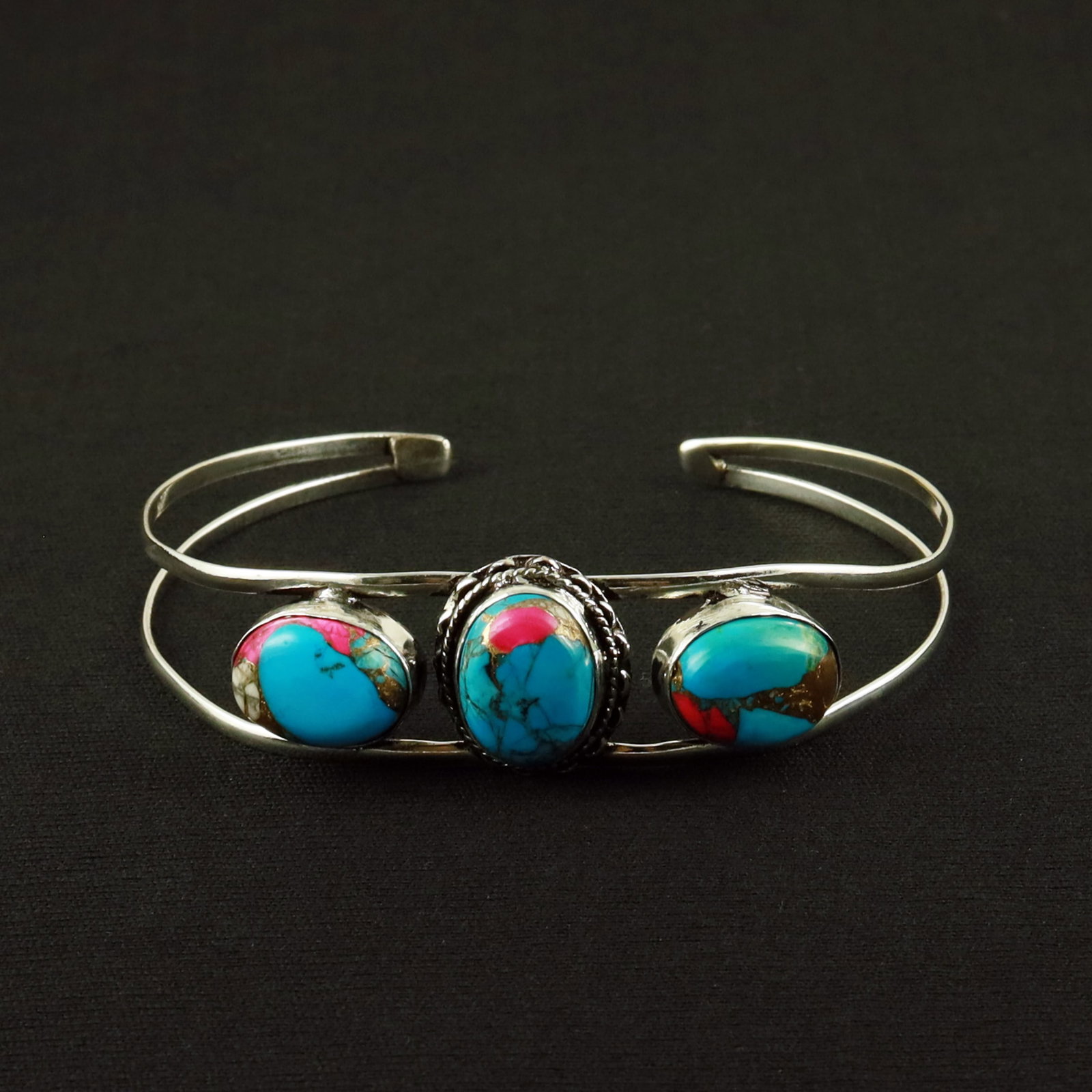 Natural Cotton Candy Sterling Silver Plated Handmade Cuff Bangle: Product ID: 260612164139 Product - Handmade Silver Plated Cuff Bangle Metal - 92.5 Sterling Silver Plated Bangle Size - 7.5x5.5 CM (Adjustable) Gemstone - Cotton Candy Gemstone Origin - United States 