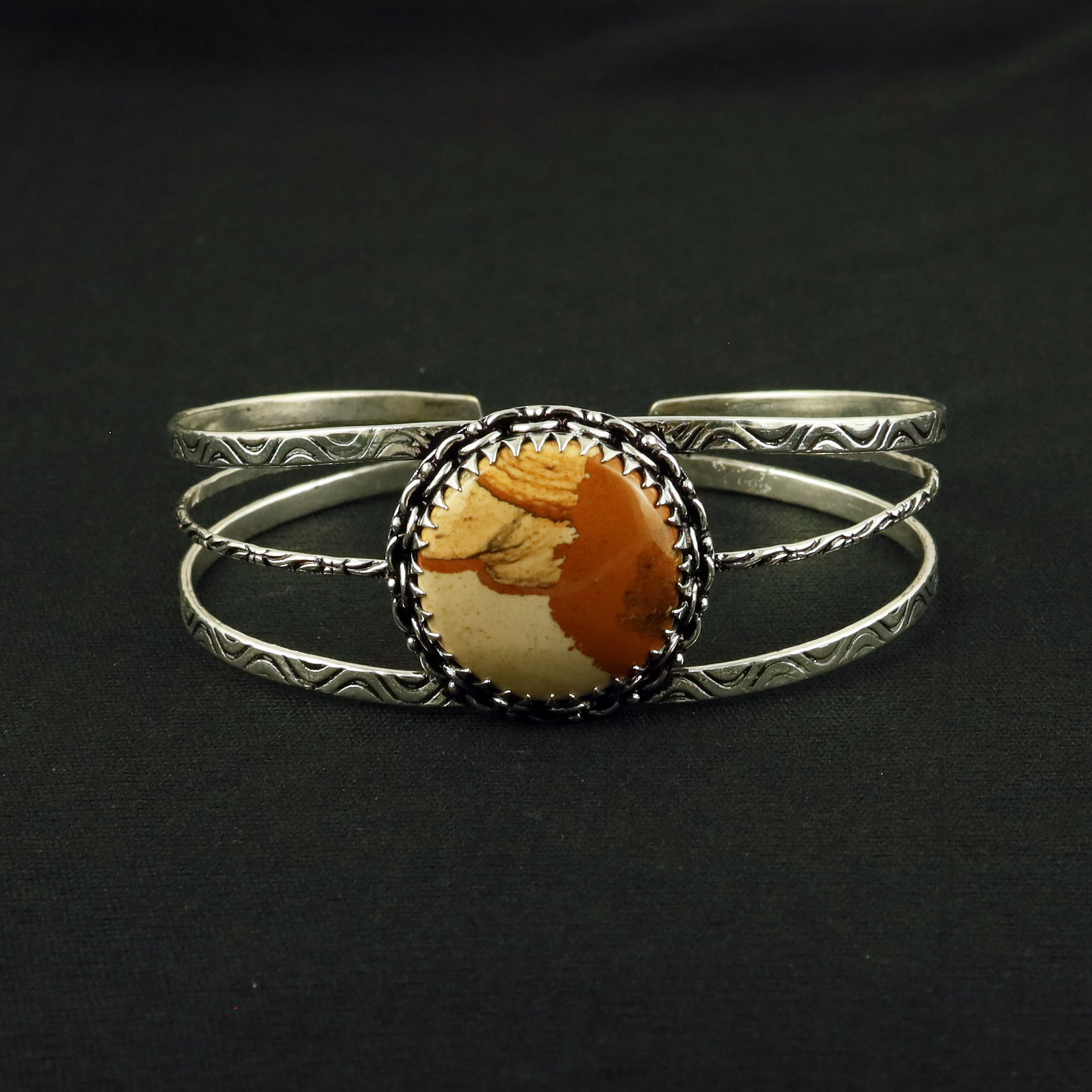 Natural Picture Jasper Sterling Silver Plated Handmade Cuff Bangle: Product ID: 260611143610 Product - Handmade Silver Plated Cuff Bangle Metal - 92.5 Sterling Silver Plated Bangle Size - 7.5x5.5 CM (Adjustable) Gemstone - Picture Jasper Gemstone Origin - United State