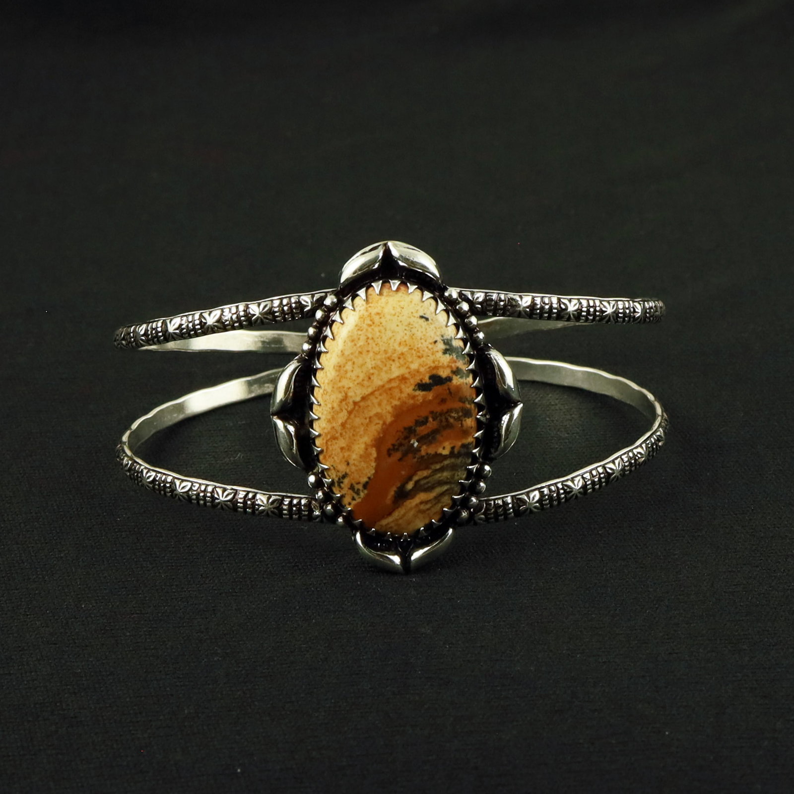 Natural Picture Jasper Sterling Silver Plated Handmade Cuff Bangle: Product ID: 260611143406 Product - Handmade Silver Plated Cuff Bangle Metal - 92.5 Sterling Silver Plated Bangle Size - 7.5x5.5 CM (Adjustable) Gemstone - Picture Jasper Gemstone Origin - United State