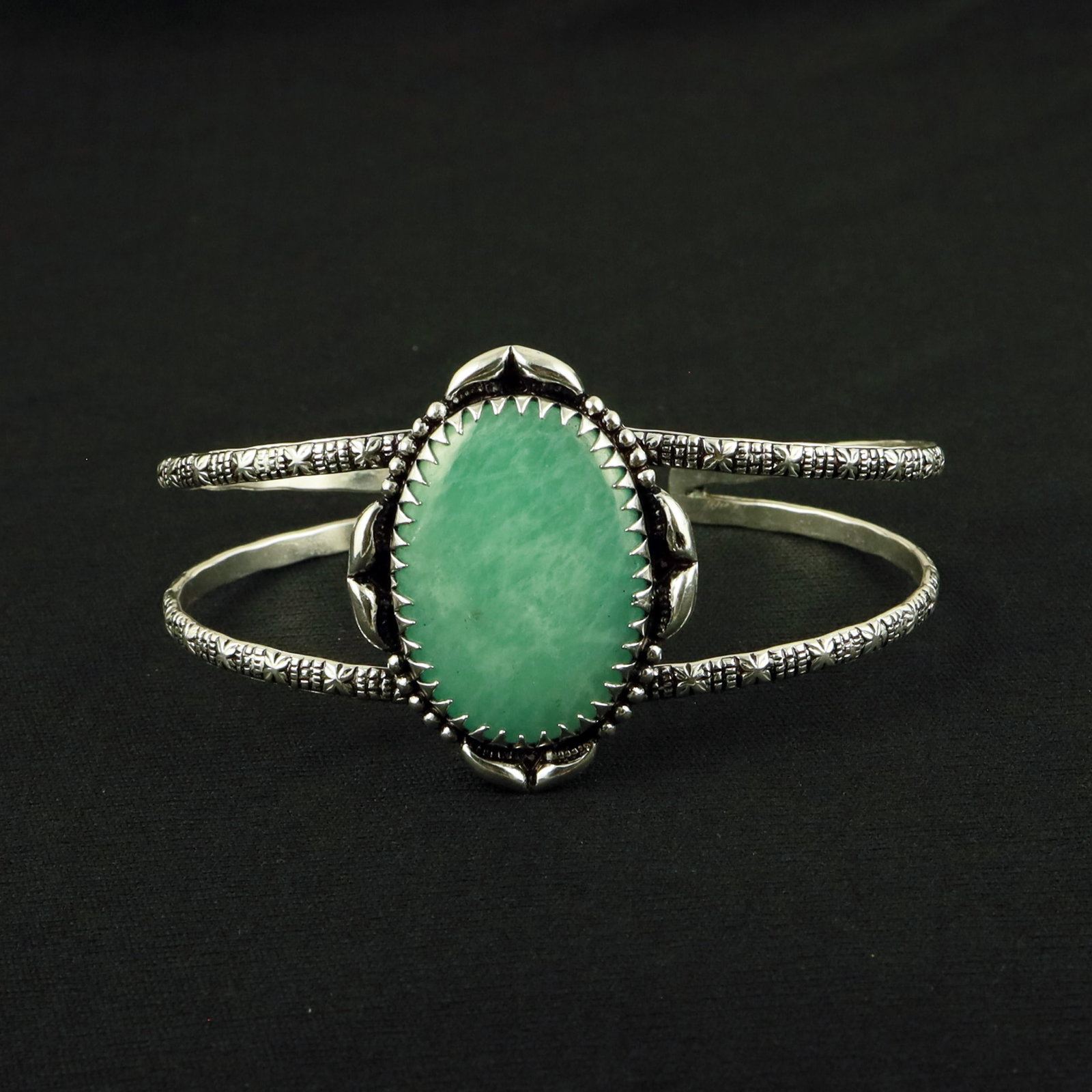 Natural Amazonite Sterling Silver Plated Handmade Cuff Bangle: Product ID: 260611142528 Product - Handmade Silver Plated Cuff Bangle Metal - 92.5 Sterling Silver Plated Bangle Size - 7.5x5.5 CM (Adjustable) Gemstone - Amazonite Gemstone Origin - Russia Gemstone S
