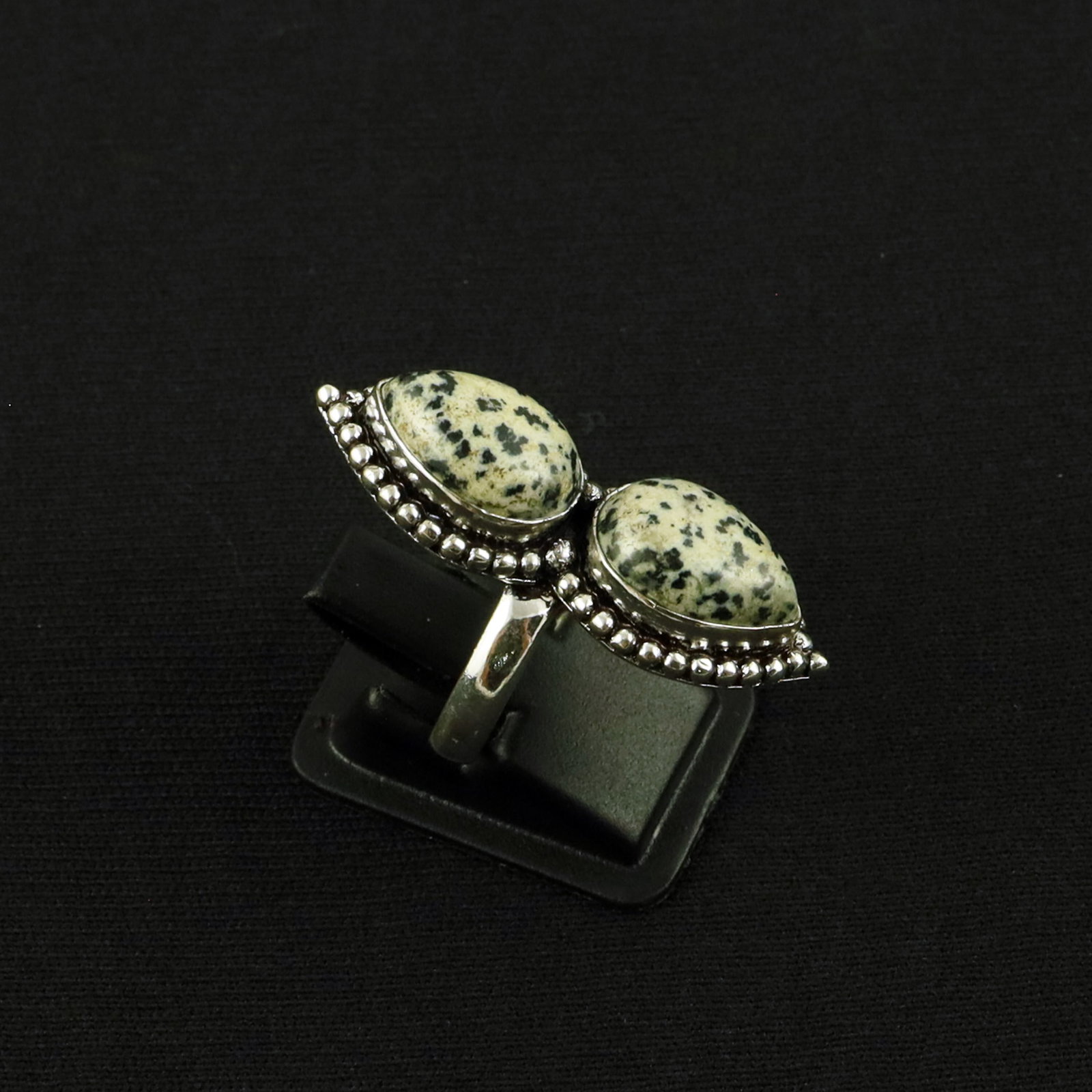 Natural Dalmatian Jasper Sterling Silver Plated Handmade Ring - 6.5MM: Product ID: 260610152951 Product - Handmade Silver Plated Ring Metal - 92.5 Sterling Silver Plated Ring Size - 6.5MM Gemstone - Dalmatian Jasper Gemstone Origin - Mexico Gemstone Size - 10X14 MM ( 2 S
