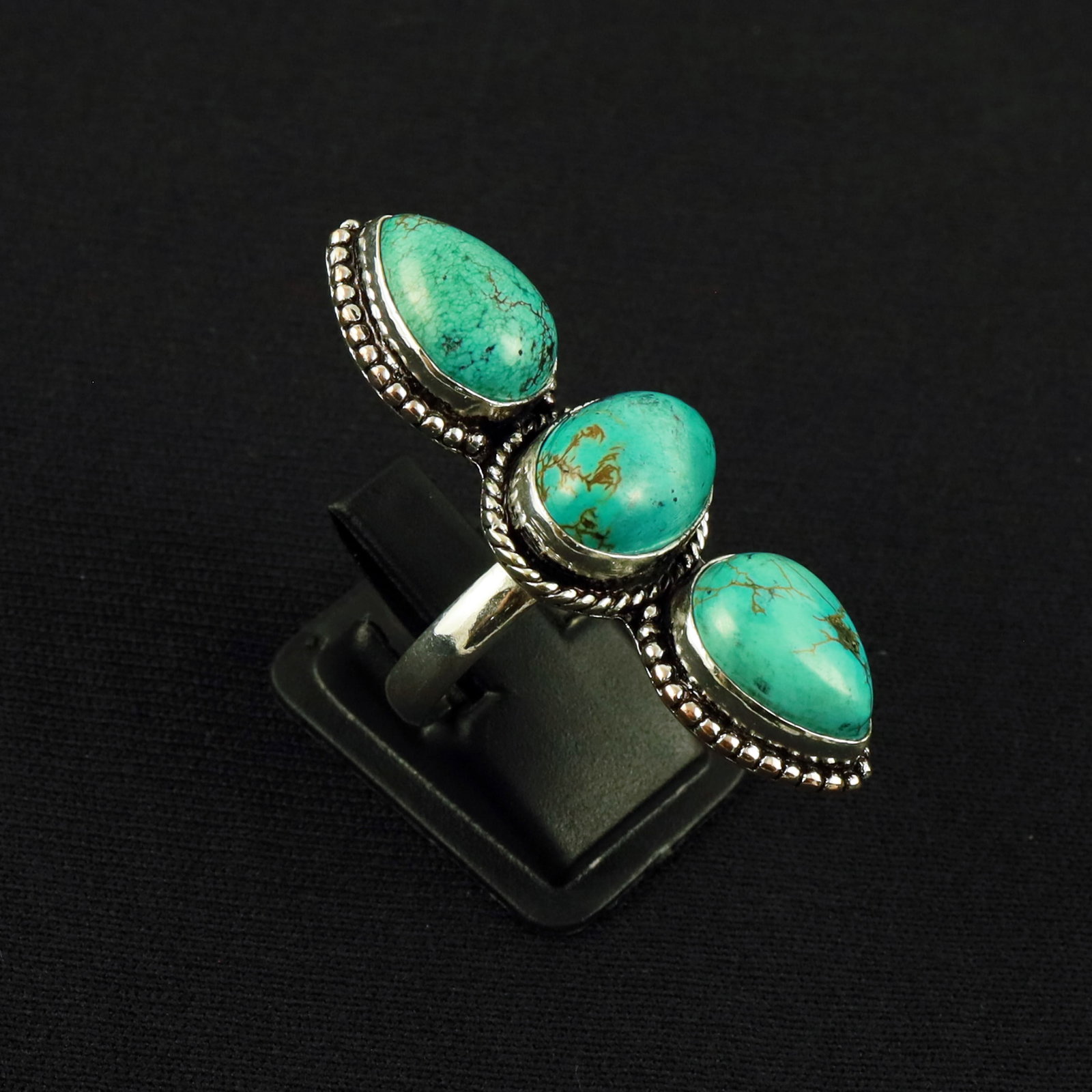 Natural Turquoise Sterling Silver Plated Handmade Ring - 8MM: Product ID: 260610140536 Product - Handmade Silver Plated Ring Metal - 92.5 Sterling Silver Plated Ring Size - 8MM Gemstone - Turquoise Gemstone Origin - Tibet Gemstone Size - 10X14 MM ( 3 Stone ) Gem