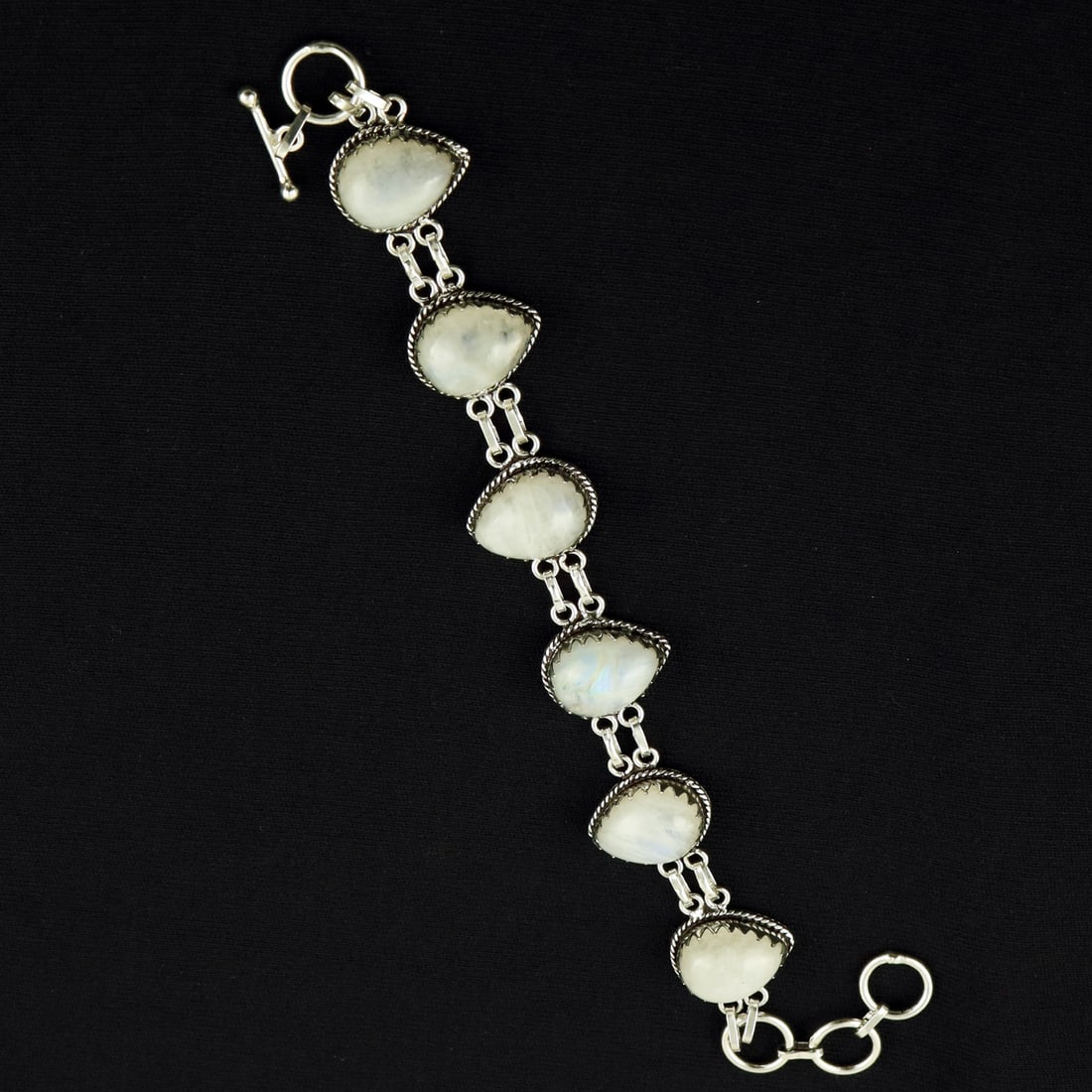 Natural Rainbow Moonstone Sterling Silver Plated Handmade Bracelet: Product ID: 260608191506 Product - Handmade Silver Plated Bracelet Metal - 92.5 Sterling Silver Plated Bracelet Length - 6 Inch + 2 Inch Gemstone - Rainbow Moonstone Gemstone Size -12X16 ( 6 Stone) Ge