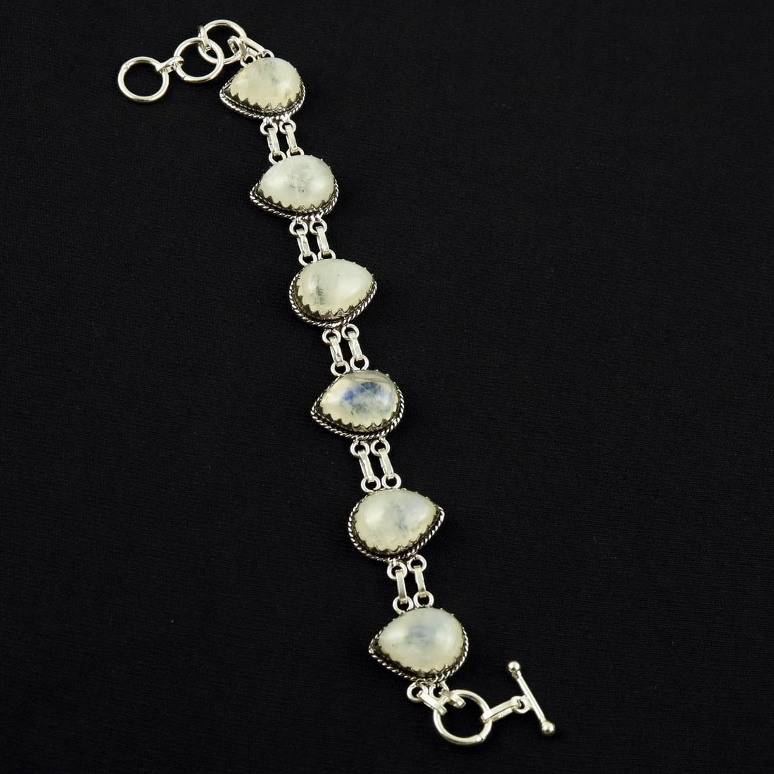 Natural Rainbow Moonstone Sterling Silver Plated Handmade Bracelet: Product ID: 260608191403 Product - Handmade Silver Plated Bracelet Metal - 92.5 Sterling Silver Plated Bracelet Length - 6 Inch + 2 Inch Gemstone - Rainbow Moonstone Gemstone Size -12X16 ( 6 Stone) Ge