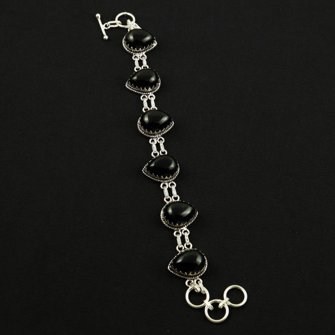 Natural Black Onyx Sterling Silver Plated Handmade Bracelet: Product ID: 260608191329 Product - Handmade Silver Plated Bracelet Metal - 92.5 Sterling Silver Plated Bracelet Length - 6 Inch + 2 Inch Gemstone - Black Onyx Gemstone Size -12X16 ( 6 Stone) Gemstone 