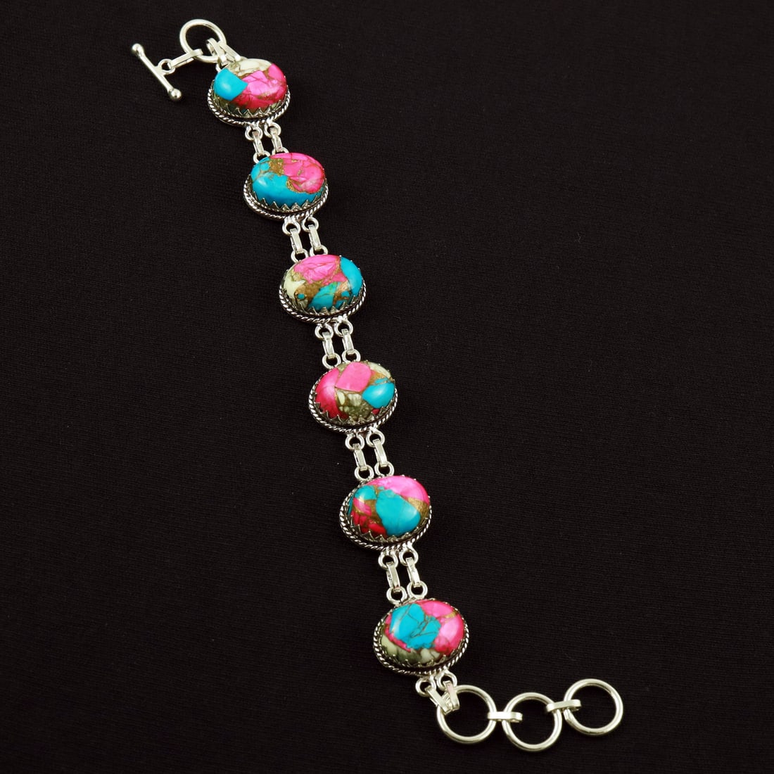 Natural Cotton Candy Sterling Silver Plated Handmade Bracelet: Product ID: 260608185539 Product - Handmade Silver Plated Bracelet Metal - 92.5 Sterling Silver Plated Bracelet Length - 6 Inch + 2 Inch Gemstone - Cotton Candy Gemstone Size -12X16 ( 6 Stone) Gemston