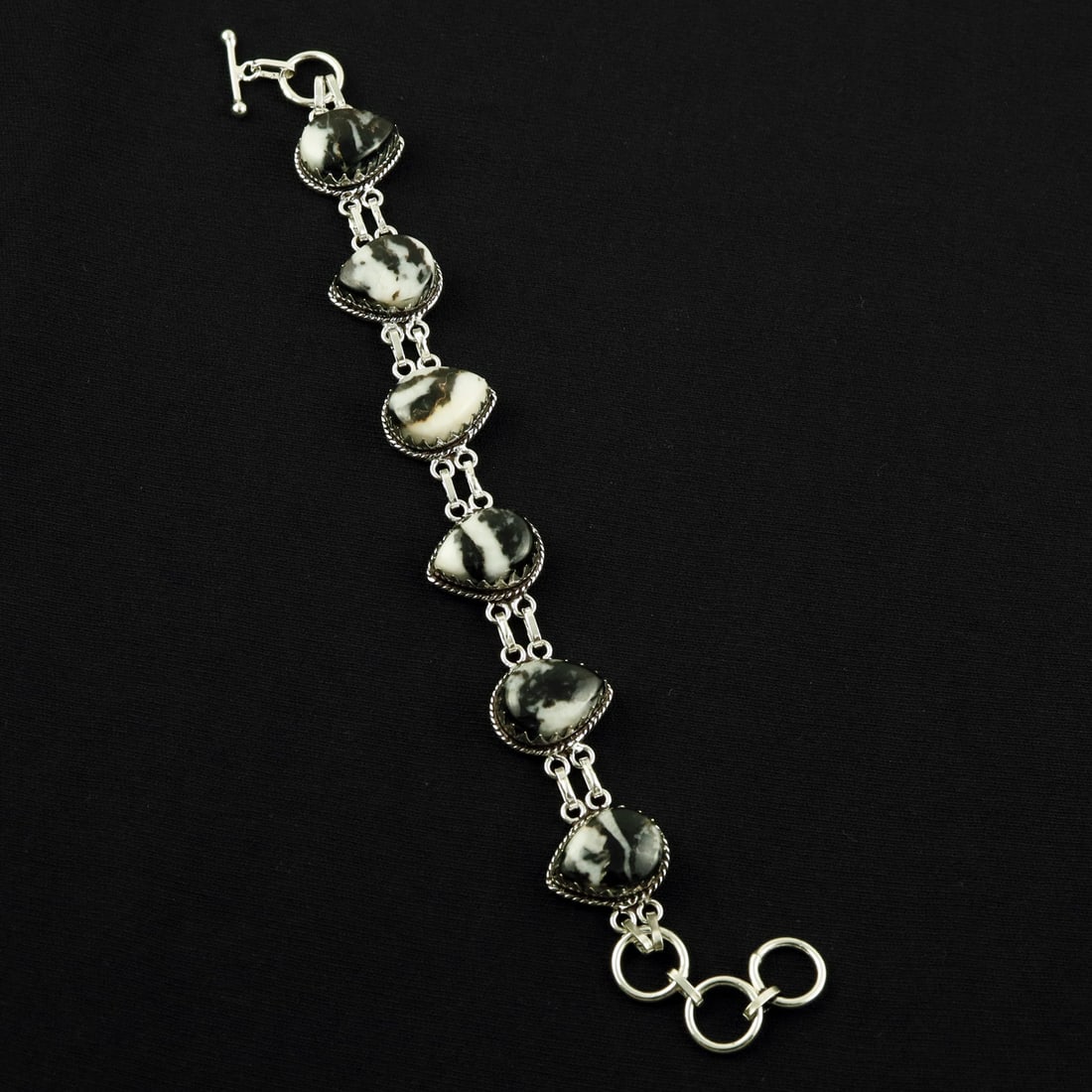Natural Zebra Jasper Sterling Silver Plated Handmade Bracelet: Product ID: 260608185227 Product - Handmade Silver Plated Bracelet Metal - 92.5 Sterling Silver Plated Bracelet Length - 6 Inch + 2 Inch Gemstone - Zebra Jasper Gemstone Size -12X16 ( 6 Stone) Gemston