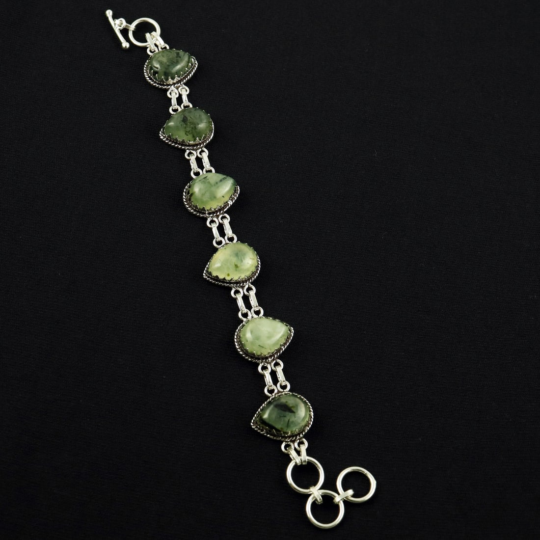 Natural Prehnite Sterling Silver Plated Handmade Bracelet: Product ID: 260608185009 Product - Handmade Silver Plated Bracelet Metal - 92.5 Sterling Silver Plated Bracelet Length - 6 Inch + 2 Inch Gemstone - Prehnite Gemstone Size -12X16 ( 6 Stone) Gemstone Or