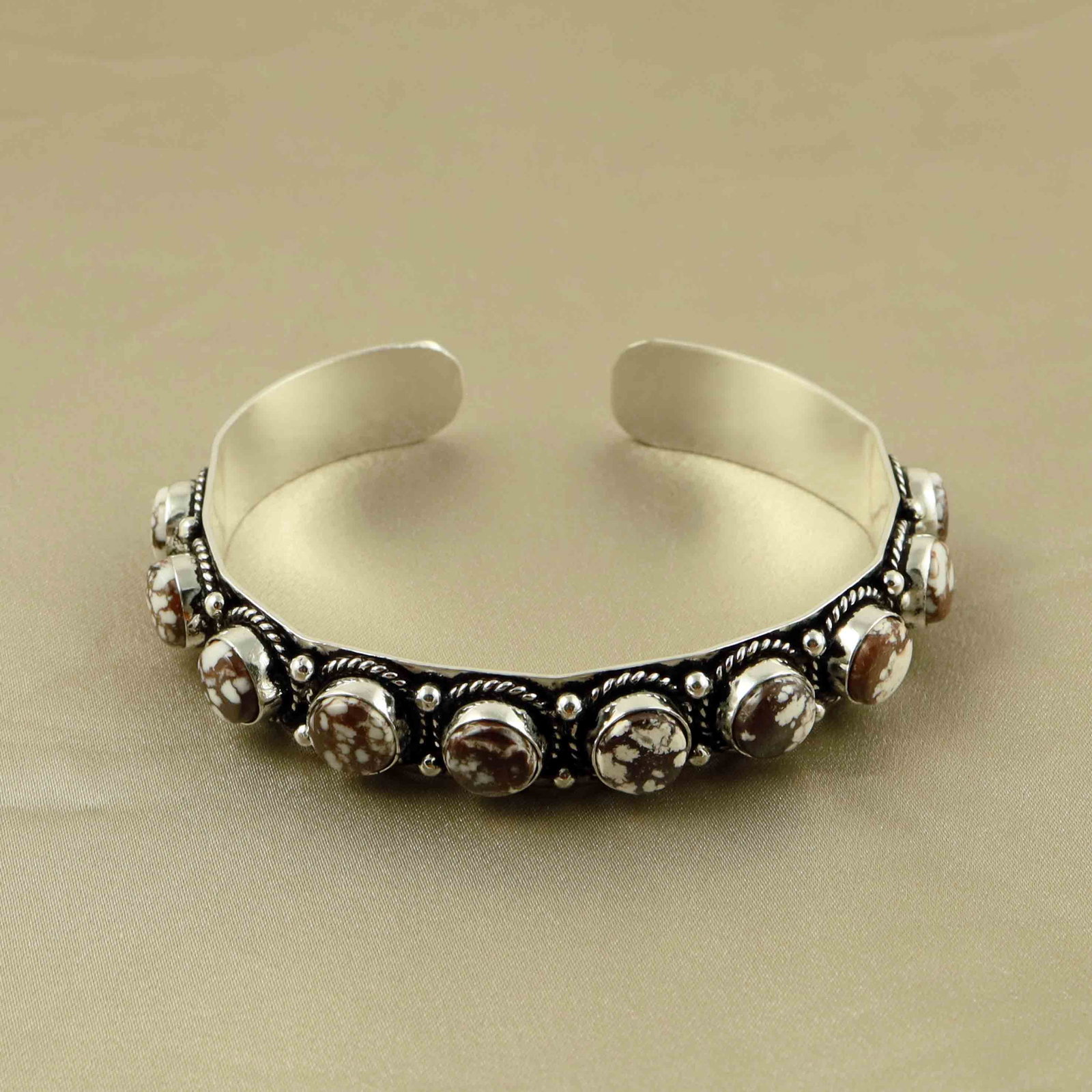 Natural 8MM Wild Horse Sterling Silver Plated Handmade Cuff Bangle: Product ID: 260607172954 Product - Handmade Silver Plated Cuff Bangle Metal - 92.5 Sterling Silver Plated Bangle Size - 6.5x5.5 CM (Adjustable) Gemstone - Wild Horse Gemstone Origin - United States Ge