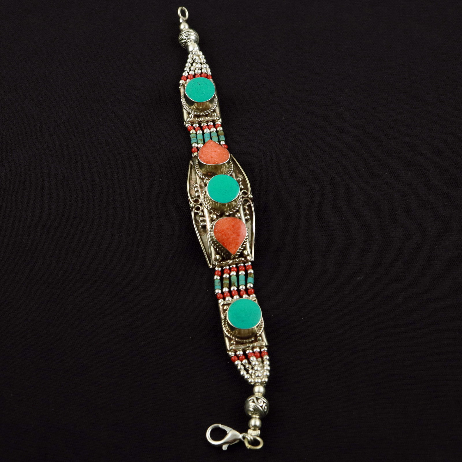 Tibetan Turquoise & Coral Handmade Choker Bracelet: Product ID: 260520114819 Product - Tibetan Handmade Ethnic Bracelet Gemstone - Natural Turquoise & Coral Size - 7 Inch Weight - 50 Gram Approx Metal - Brass & Copper mix Metal Origin - Nepal Country/R