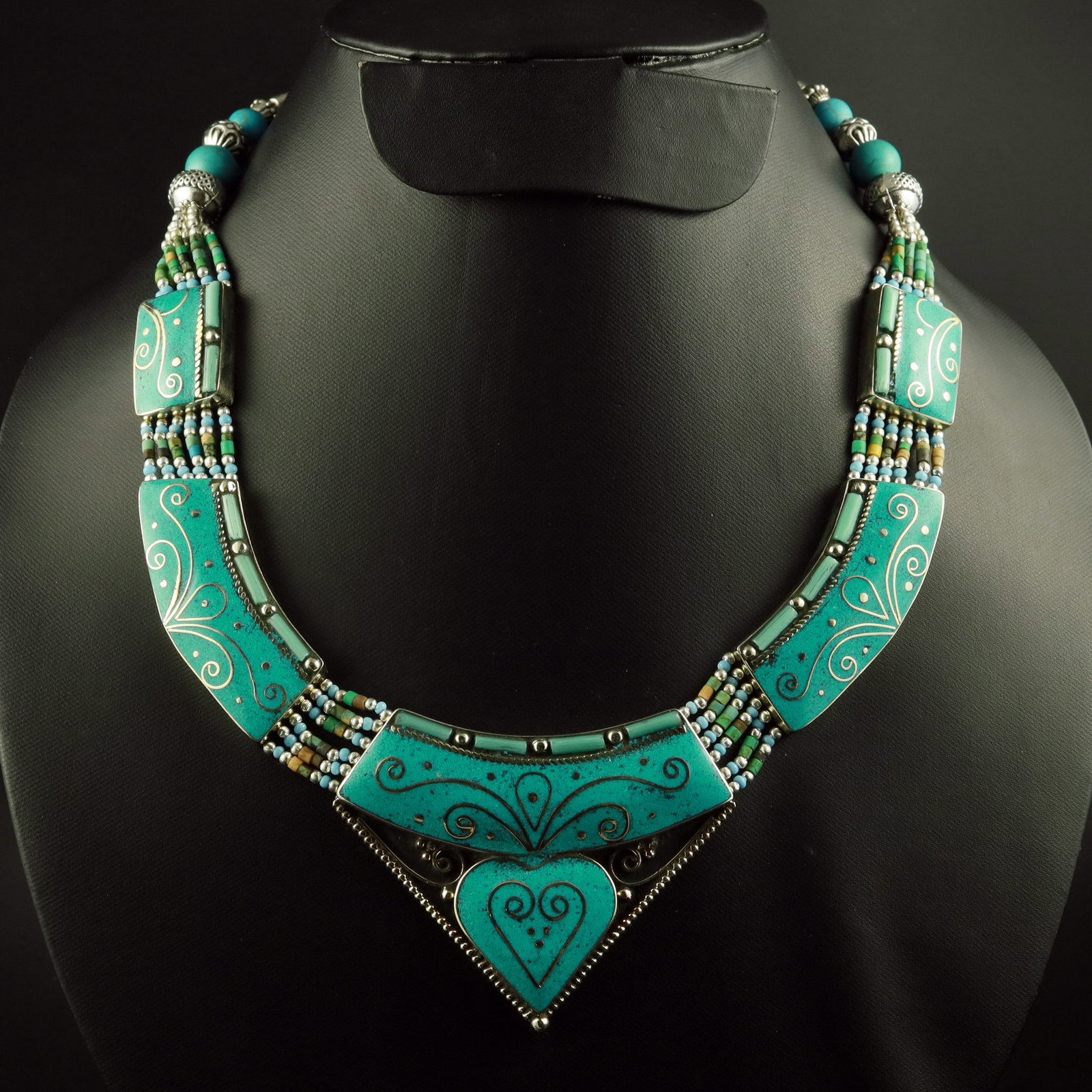 Tibetan Turquoise Handmade Designer Heart Necklace: Product ID: 260519120736 Product - Tibetan Handmade Necklace Gemstone - Natural Turquoise Necklace Length - 18 Inch Necklace Weight - 135 Gram Approx Metal - Brass & Copper mix Metal Origin - Nepal Co