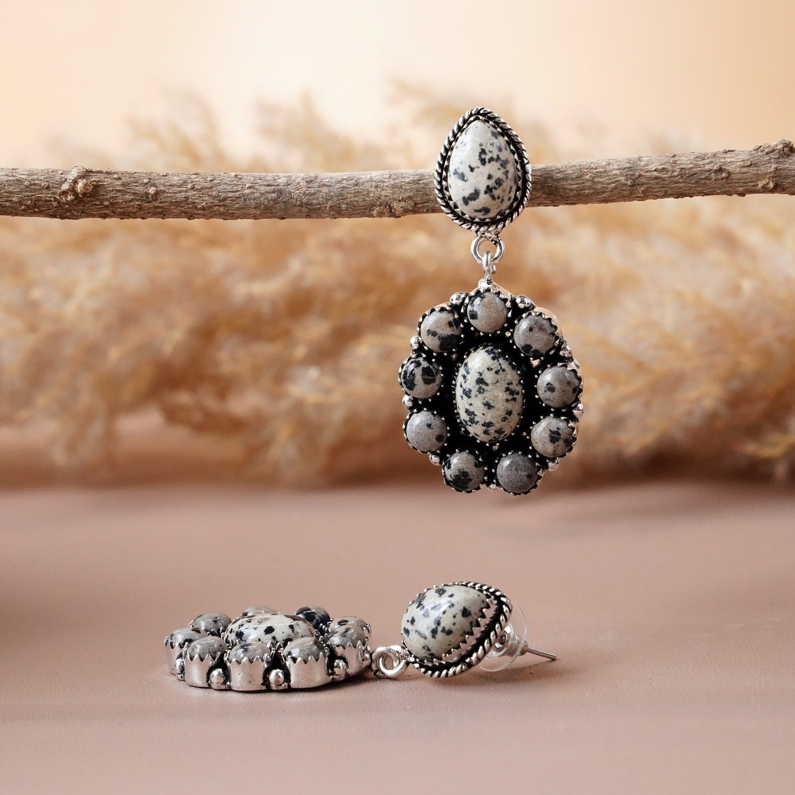 Natural Dalmatian Silver Plated Handmade Designer Stud Earring: Product ID: 260512144545 Product - Handmade Silver Plated Stud Earring Metal - 92.5 Sterling Silver Plated Earring Type - Stud Gemstone - Dalmatian Gemstone Origin - Mexico Gemstone Size - 10X14 MM ( 