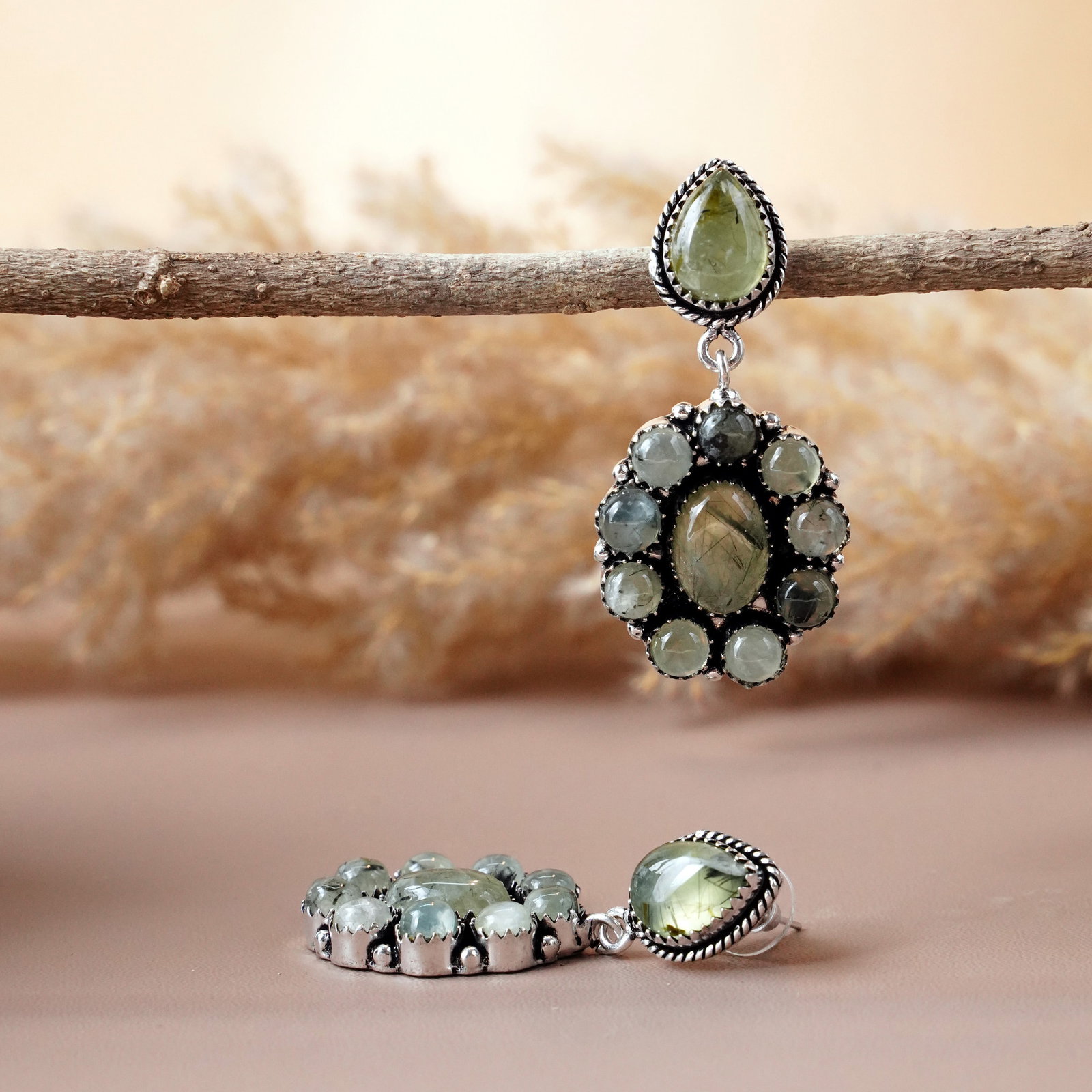 Natural Prehnite Silver Plated Handmade Designer Stud Earring (1 of 3)