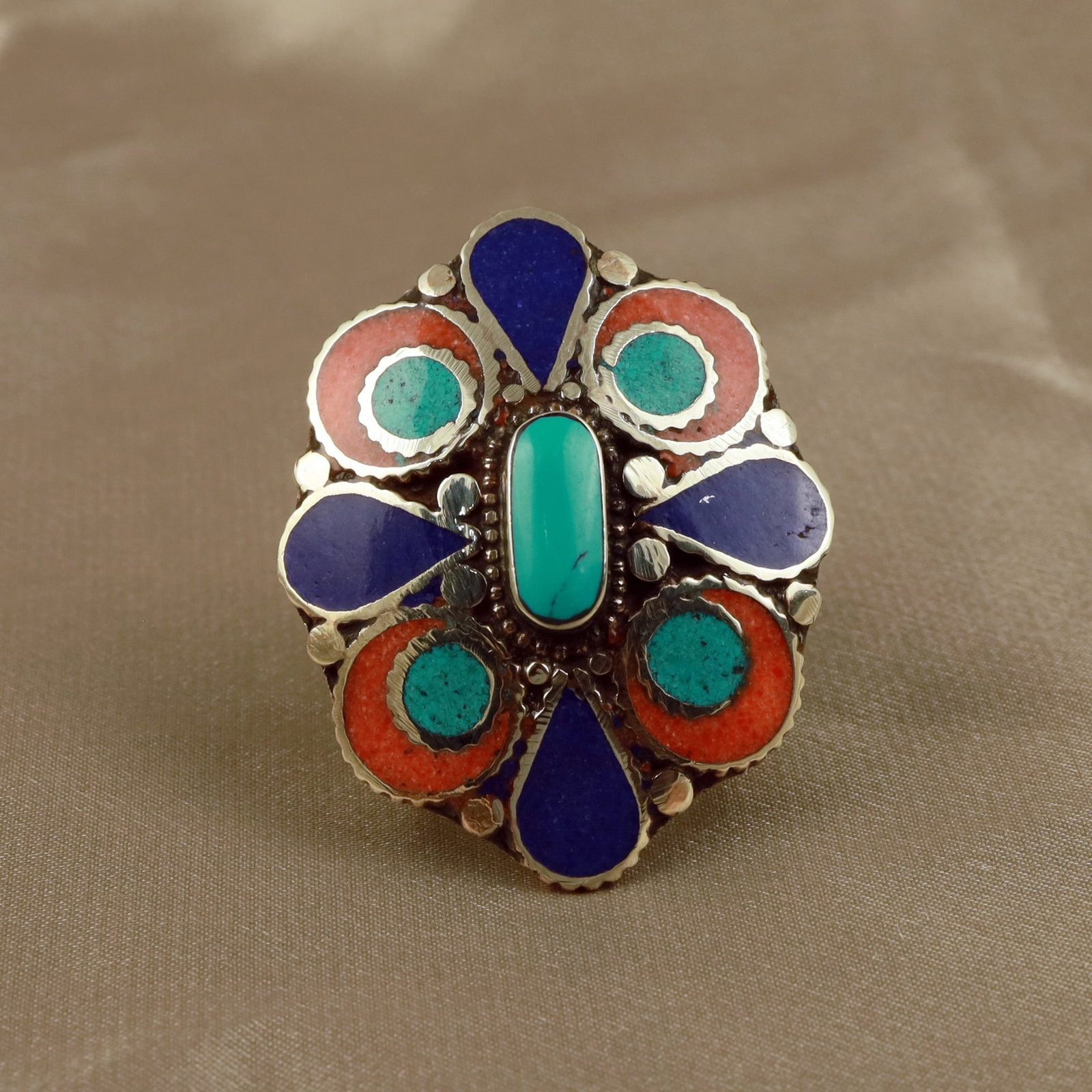 Tibetan Turquoise, Coral & Lapis Handmade Ring - Free Size: Product ID: 260512151954 Product - Tibetan Handmade Tribal Ring Ring Size - Free Size Ring Weight - 17 Gram Gemstone - Natural Turquoise & Coral & Lapis Metal - Brass & Copper mix Metal Origin - Nepal