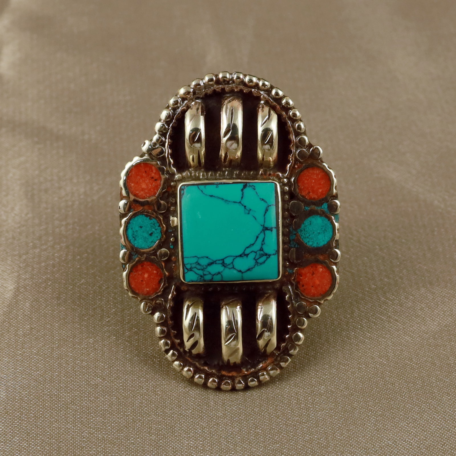 Tibetan Turquoise & Coral Handmade Ring - Free Size: Product ID: 260512153848 Product - Tibetan Handmade Ethnic Ring Ring Size - Free Size Ring Weight - 17 Gram Gemstone - Natural Turquoise & Coral Metal - Brass & Copper mix Metal Origin - Nepal Country