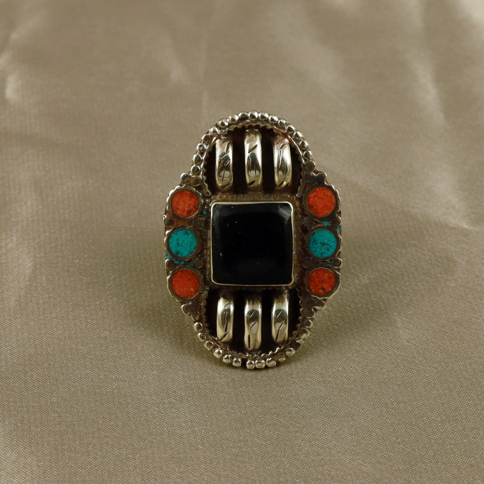 Tibetan Turquoise, Black Onyx & Coral Handmade Boho Ring - Free Size: Product ID: 260512155057 Product - Tibetan Handmade Boho Ring Ring Size - Free Size Ring Weight - 17 Gram Gemstone - Turquoise & Black Onyx & Coral Origin - Nepal Country/Region of Manufacture - Nepal