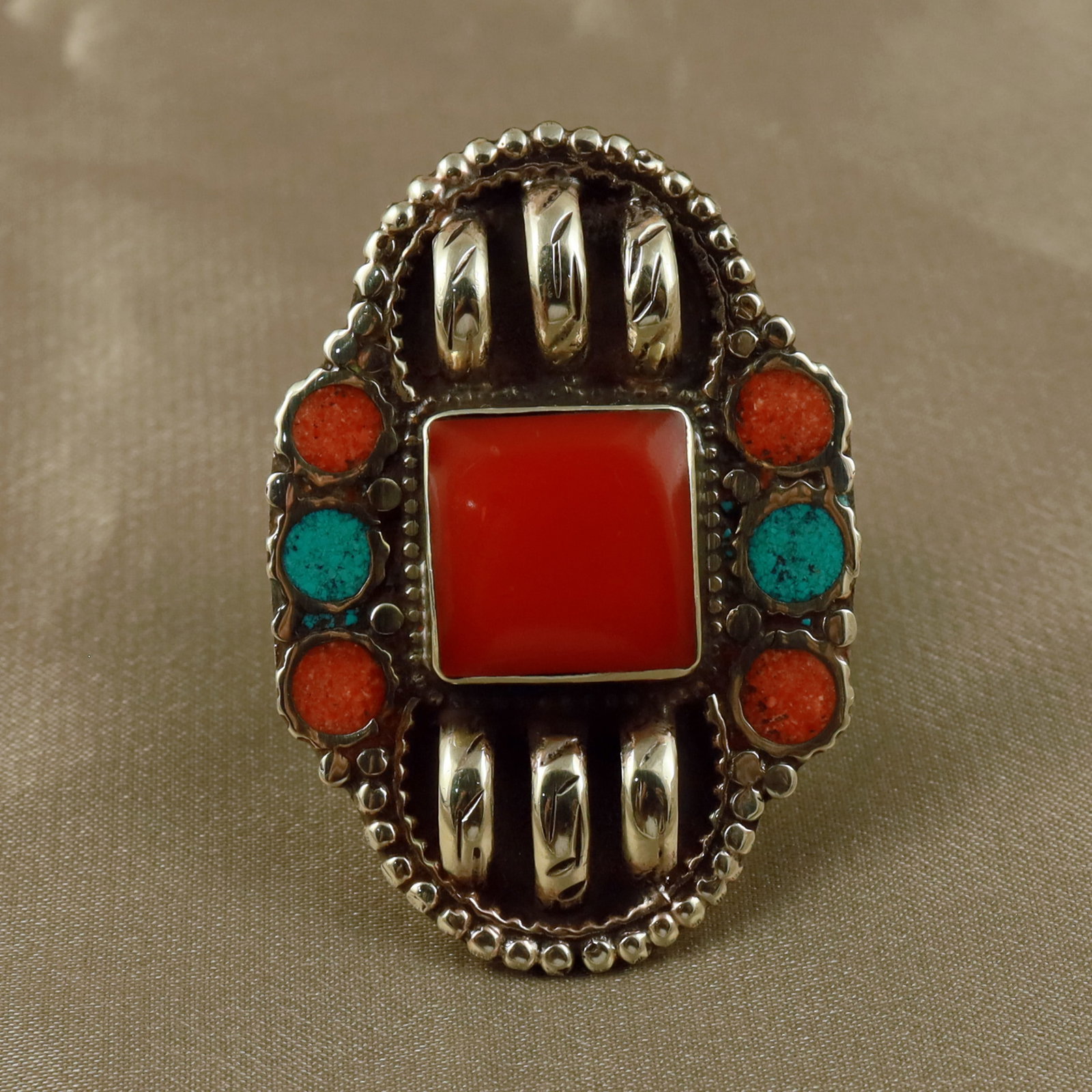Tibetan Turquoise & Coral Handmade Ethnic Ring - Free Size: Product ID: 260512154213 Product - Tibetan Handmade Ethnic Ring Ring Size - Free Size Ring Weight - 17 Gram Gemstone - Natural Turquoise & Coral Metal - Brass & Copper mix Metal Origin - Nepal Country