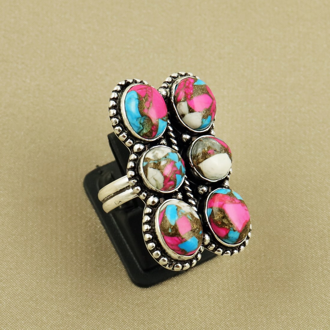 Natural Wild Horse Sterling Silver Plated Handmade Ring - 8MM ( Adjustable ): Product ID: 260820104752 Product - Handmade Silver Plated Ring Metal - 92.5 Sterling Silver Plated Ring Size - 8MM ( Adjustable ) Gemstone - Cotton Candy Gemstone Origin - United States Gemstone Size 