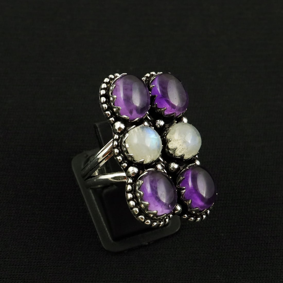 Natural Rainbow Moonstone & Amethyst Sterling Silver Plated Handmade Ring - 8.5MM: Product ID: 260820104126 Product - Handmade Silver Plated Ring Metal - 92.5 Sterling Silver Plated Ring Size - 8.5MM Gemstone - Rainbow Moonstone & Amethyst Gemstone Origin - India & Africa Gemstone S