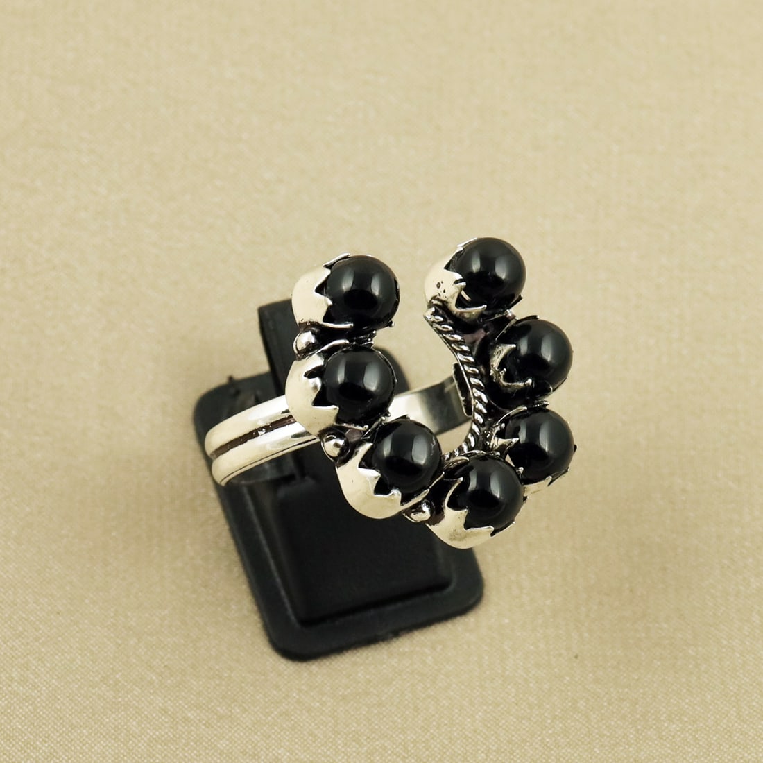 Natural Black Onyx Sterling Silver Plated Handmade Ring - 11MM ( Adjustable ): Product ID: 260820102850 Product - Handmade Silver Plated Ring Metal - 92.5 Sterling Silver Plated Ring Size - 11MM ( Adjustable ) Gemstone - Black Onyx Gemstone Origin - India Gemstone Size - 6MM ( 7