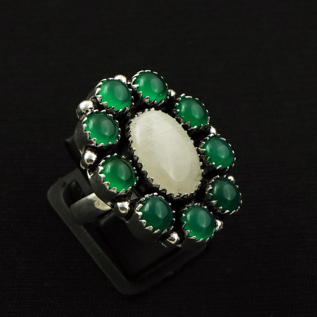 Natural Rainbow Moonstone & Green Onyx 2 Micron Sterling Silver Plated Handmade Ring - 8MM (: Product ID: 260811153331 Product - Handmade Silver Plated Ring Metal - 92.5 2 Micron Sterling Silver Plated Ring Size - 8MM ( Adjustable ) Gemstone - Rainbow Moonstone & Green Onyx Gemstone Origin - I