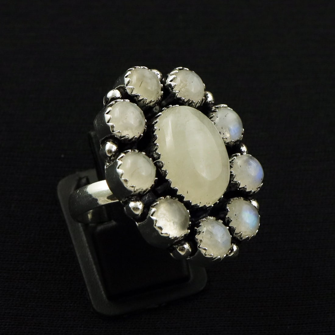 Natural Rainbow Moonstone 2 Micron Sterling Silver Plated Handmade Ring - 8MM ( Adjustable ): Product ID: 260811153237 Product - Handmade Silver Plated Ring Metal - 92.5 2 Micron Sterling Silver Plated Ring Size - 8MM ( Adjustable ) Gemstone - Rainbow Moonstone Gemstone Origin - India Gemstone