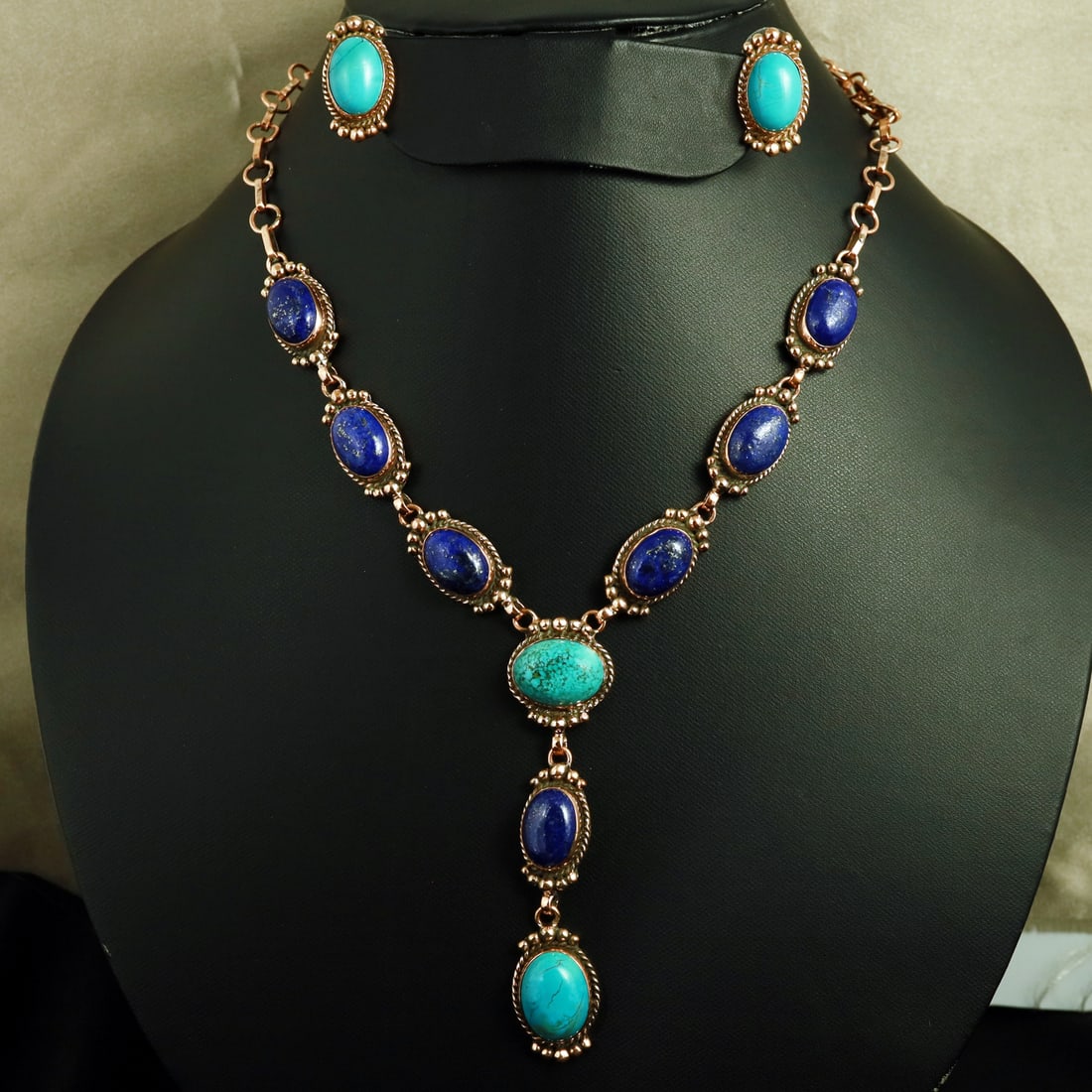 Natural Lapis Lazuli & Turquoise Copper Handmade Necklace With Stud Earring: Product ID: 260811141249 Product - Handmade Copper Necklace With Earring Metal - Pure 100% Copper Necklace Length - 18 Inch Gemstone - Lapis Lazuli & Turquoise Gemstone Origin - Afghanistan & Tibet Ge