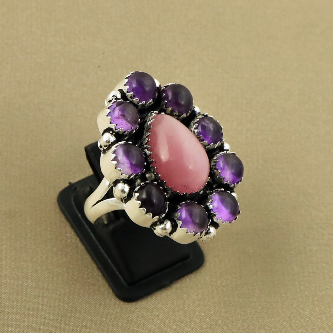 Natural Monalisa & Amethyst Sterling Silver Plated Handmade Ring - 9MM: Product ID: 260822133136 Product - Handmade Silver Plated Ring Metal - 92.5 Sterling Silver Plated Ring Size - 9MM Gemstone - Monalisa & Amethyst Gemstone Origin - India & Africa Gemstone Size - 10X14