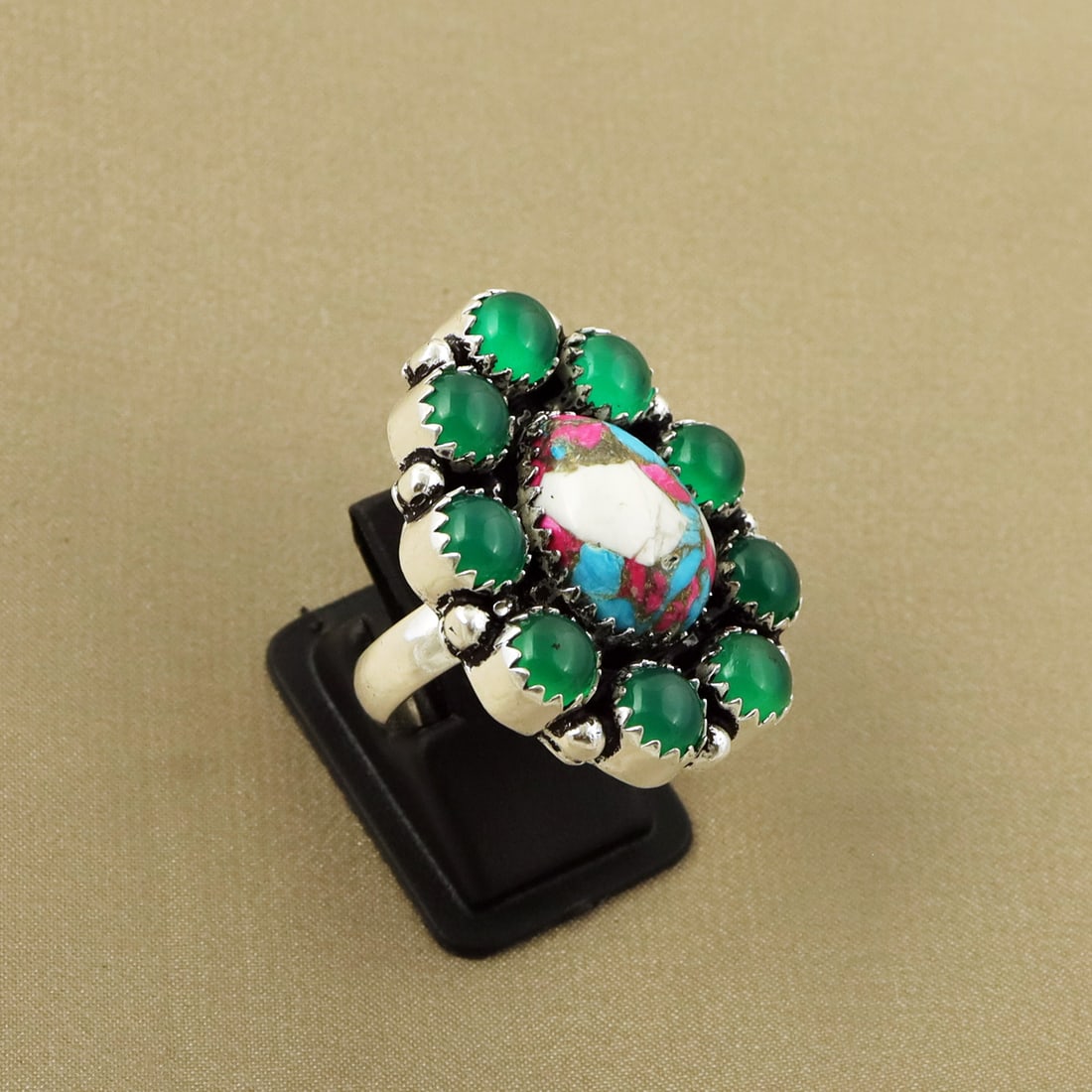 Natural Green Onyx & Cotton Candy Sterling Silver Plated Handmade Ring - 8MM: Product ID: 260822131929 Product - Handmade Silver Plated Ring Metal - 92.5 Sterling Silver Plated Ring Size - 8MM Gemstone - Green Onyx & Cotton Candy Gemstone Origin - India & United States Gemstone