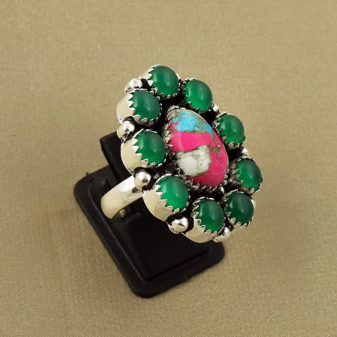Natural Green Onyx & Cotton Candy Sterling Silver Plated Handmade Ring - 7.5MM: Product ID: 260822131707 Product - Handmade Silver Plated Ring Metal - 92.5 Sterling Silver Plated Ring Size - 7.5MM Gemstone - Green Onyx & Cotton Candy Gemstone Origin - India & United States Gemsto