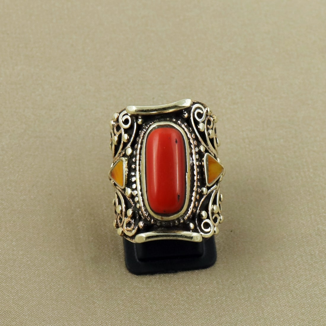 Tibetan Copal & Red Coral Handmade Ethnic Royal Ring - 8MM: Product ID: 260822125616 Product - Tibetan Handmade Ethnic Ring Ring Size - 8MM Ring Weight - 17 Gram Gemstone - Copal & Coral Metal - Brass & Copper mix Metal Origin - Nepal Country/Region of Manufac