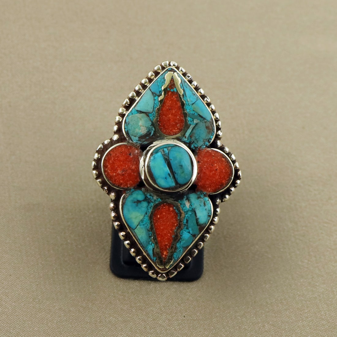 Tibetan Turquoise & Coral Handmade Ethnic Vintage Ring -8MM: Product ID: 260822124831 Product - Tibetan Handmade Ethnic Ring Ring Size - 8MM Ring Weight - 19 Gram Gemstone - Turquoise & Coral Metal - Brass & Copper mix Metal Origin - Nepal Country/Region of Man