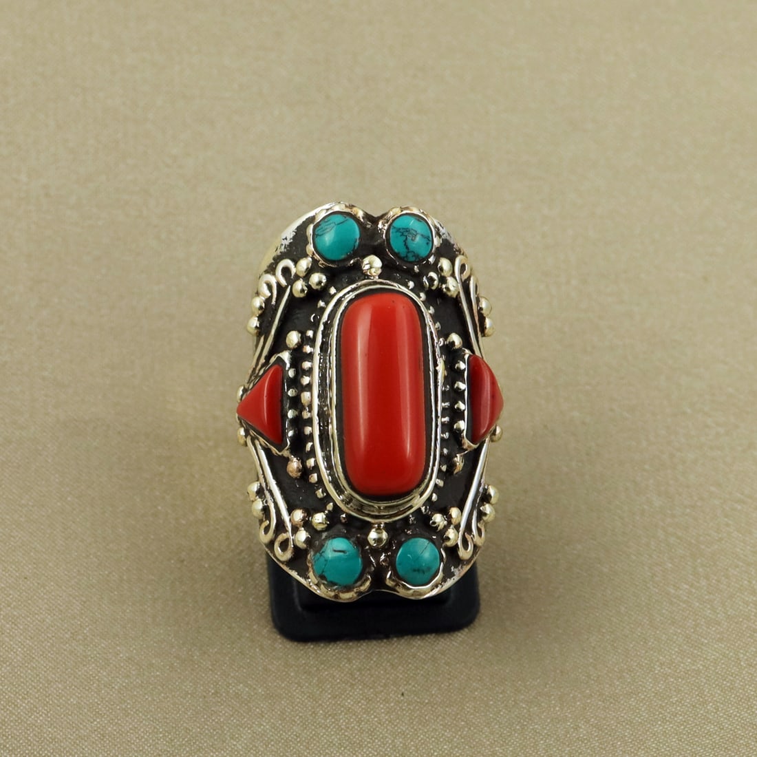 Tibetan Turquoise & Coral Handmade Ethnic Ring -9MM: Product ID: 260822124909 Product - Tibetan Handmade Ethnic Ring Ring Size - 9MM Ring Weight - 17 Gram Gemstone - Turquoise & Coral Metal - Brass & Copper mix Metal Origin - Nepal Country/Region of Man