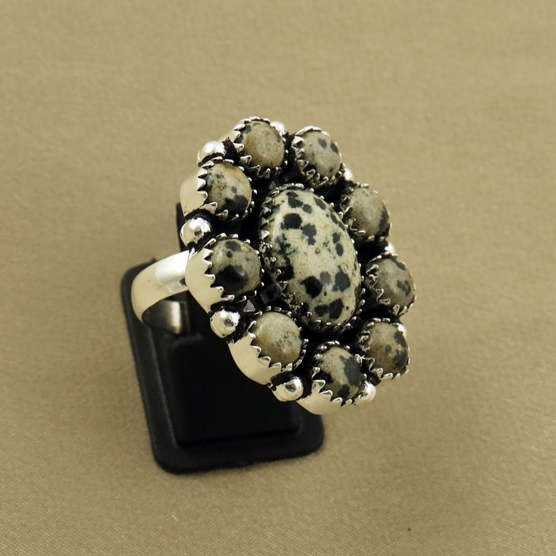 Natural Dalmatian Jasper 2 Micron Sterling Silver Plated Handmade Ring - 9MM ( Adjustable ): Product ID: 260811154700 Product - Handmade Silver Plated Ring Metal - 92.5 2 Micron Sterling Silver Plated Ring Size - 9MM ( Adjustable ) Gemstone - Dalmatian Jasper Gemstone Origin - Mexicco Gemston