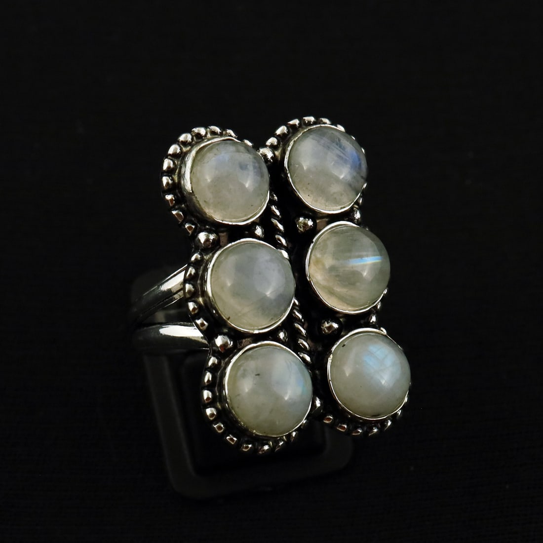 Natural Rainbow Moonstone Sterling Silver Plated Handmade Ring - 9MM: Product ID: 260809130713 Product - Handmade Silver Plated Ring Metal - 92.5 Sterling Silver Plated Ring Size - 9MM Gemstone - Rainbow Moonstone Gemstone Origin - India Gemstone Size - 8MM ( 6 Stone ) 