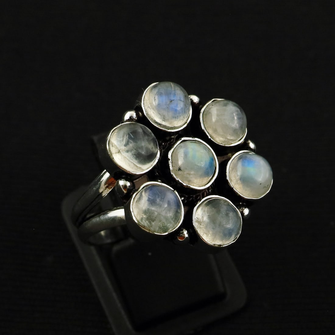 Natural Rainbow Moonstone Sterling Silver Plated Handmade Ring - 8MM: Product ID: 260808130048 Product - Handmade Silver Plated Ring Metal - 92.5 Sterling Silver Plated Ring Size - 8MM Gemstone - Rainbow Moonstone Gemstone Origin - India Gemstone Size - 6MM ( 7 Stone ) 