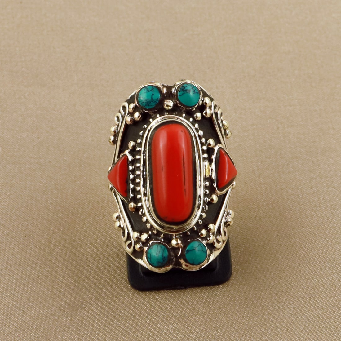 Tibetan Turquoise & Coral Handmade Ethnic Ring - 8MM: Product ID: 260804125535 Product - Tibetan Handmade Ethnic Ring Ring Size - 8MM Ring Weight - 16 Gram Gemstone - Turquoise & Coral Metal - Brass & Copper mix Metal Origin - Nepal Country/Region of Man