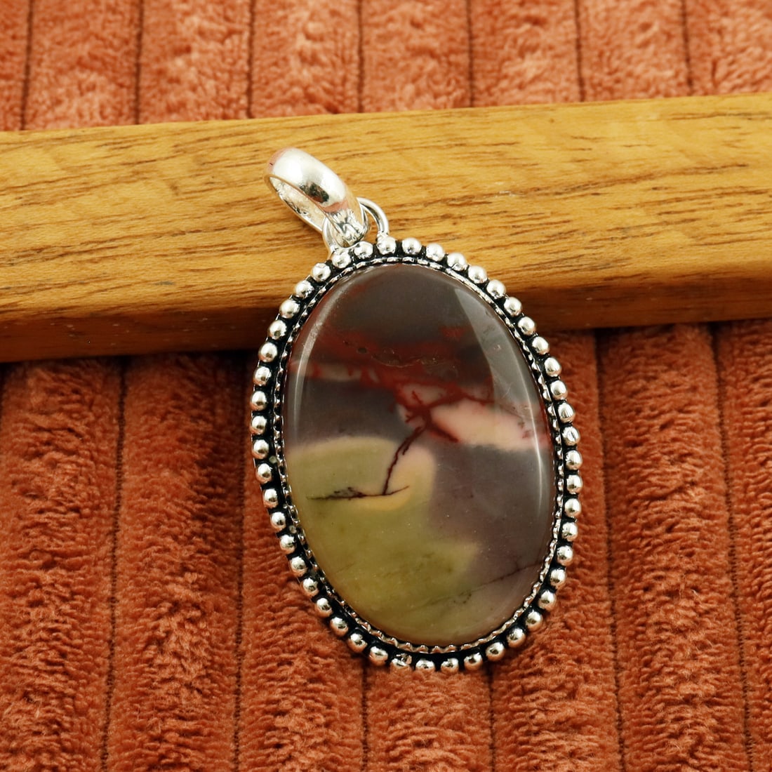 Natural Mookaite Jasper 2 Micron Sterling Silver Plated Handmade Pendant (1 of 3)