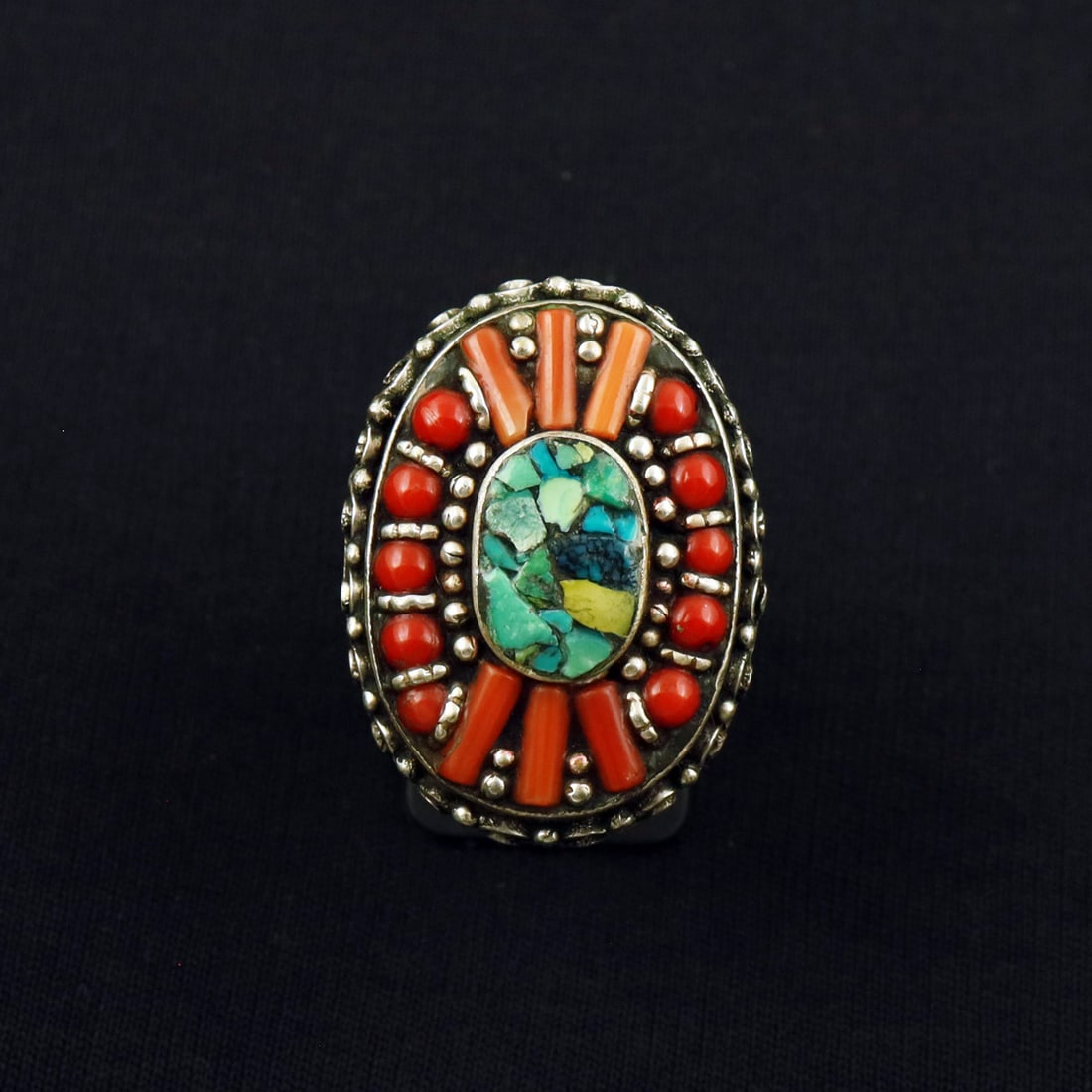 Tibetan Turquoise & Coral Handmade Vintage Ethnic Ring - 8.5MM: Product ID: 260801132104 Product - Tibetan Handmade Ethnic Ring Ring Size - 8.5MM Ring Weight - 28 Gram Gemstone - Turquoise & Coral Metal - Brass & Copper mix Metal Origin - Nepal Country/Region of M