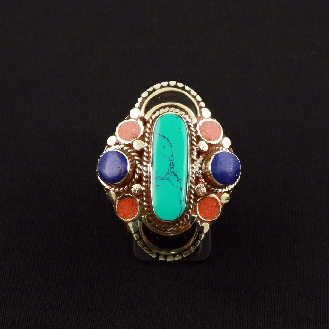 Tibetan Turquoise, Coral & Black Onyx & Lapis Lazuli Handmade Ethnic Ring - Free Size: Product ID: 260801130337 Product - Tibetan Handmade Ethnic Ring Ring Size - Free Size Ring Weight - 21 Gram Gemstone - Turquoise & Coral & Black Onyx & Lapis Lazuli Metal - Brass & Copper mix Metal Or