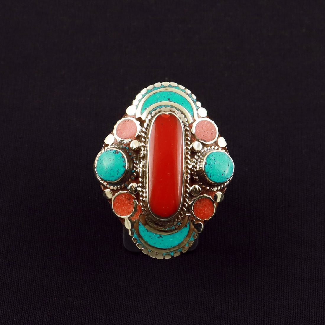 Tibetan Turquoise, Coral Handmade Ethnic Ring - Free Size: Product ID: 260801130242 Product - Tibetan Handmade Ethnic Ring Ring Size - Free Size Ring Weight - 21 Gram Gemstone - Turquoise & Coral Metal - Brass & Copper mix Metal Origin - Nepal Country/Region 